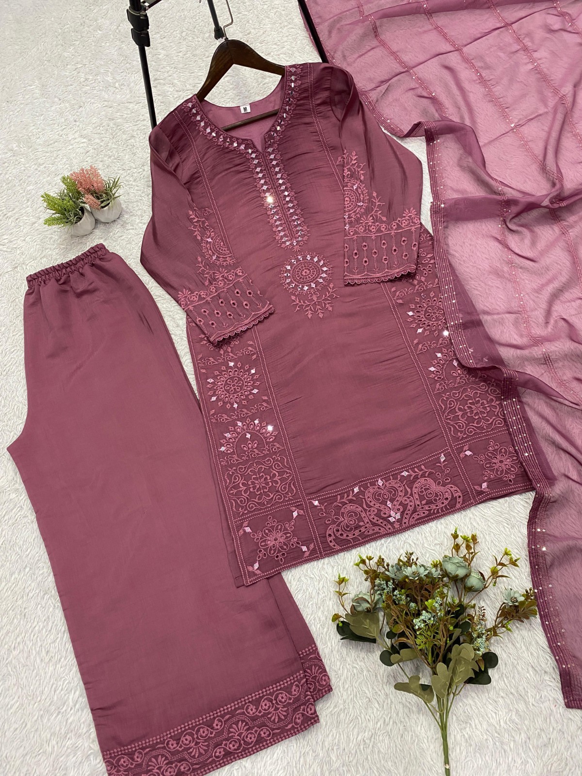 New Mal Chanderi Dusty PinkTop Palazzo With Dupatta For Women Function Wear