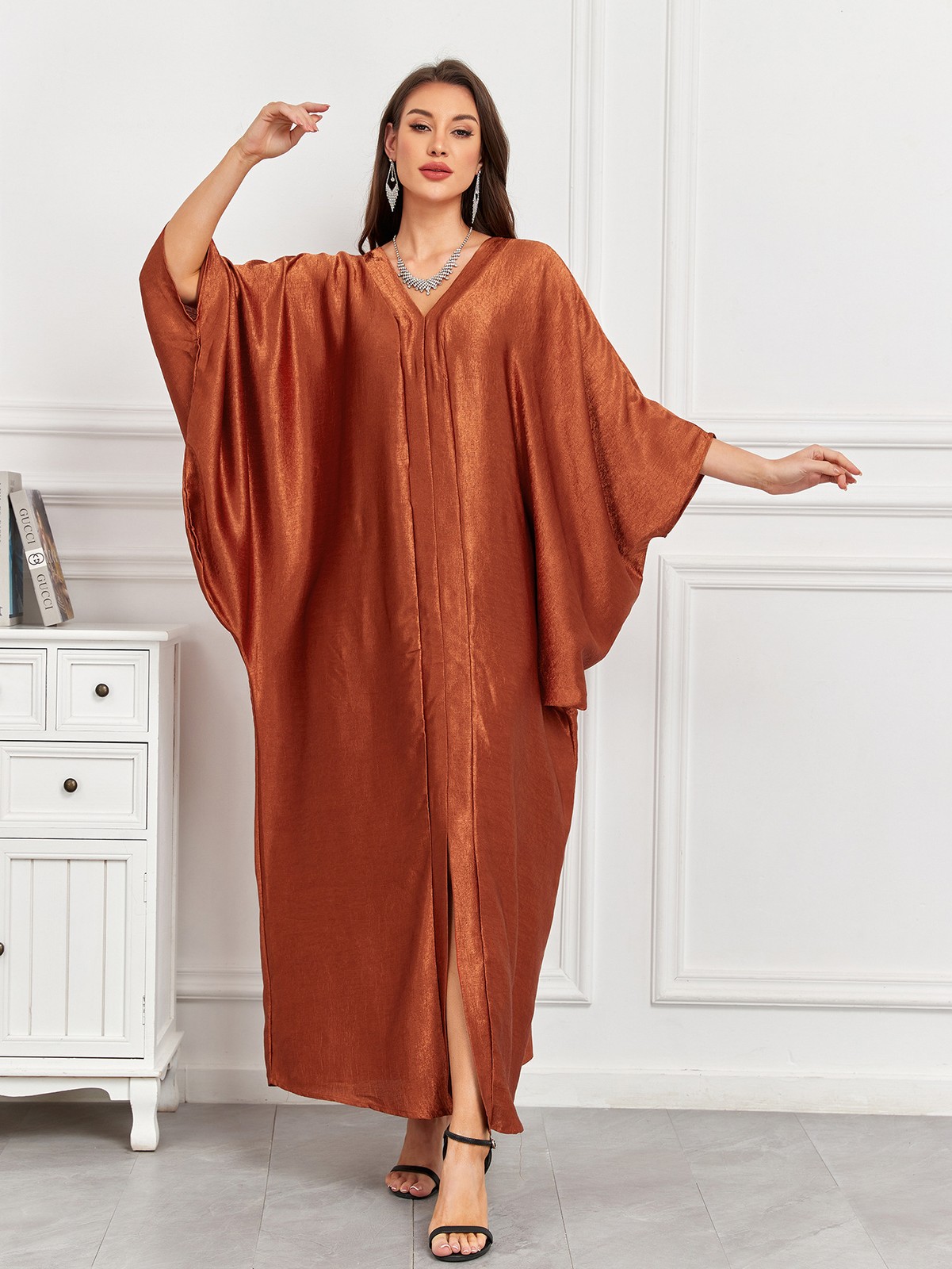 Women Batwing Sleeves Abaya Muslim Loose Solid Color Ramadan Beach Travel Robes