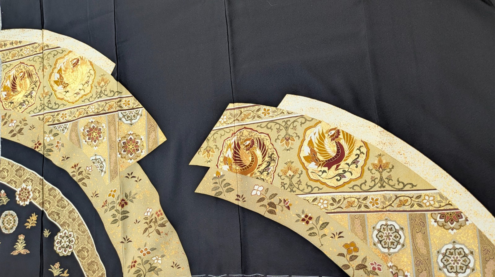 Authentic Japan Kimono Silk Black Tomesode Gold Phoenix Embroidery Textile Art