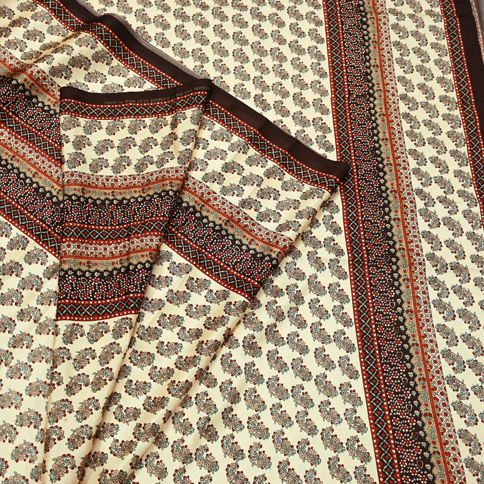 Indian Vintage Saree Beige Satin Printed Sari 5yd Sewing Floral Soft Craft Fabri