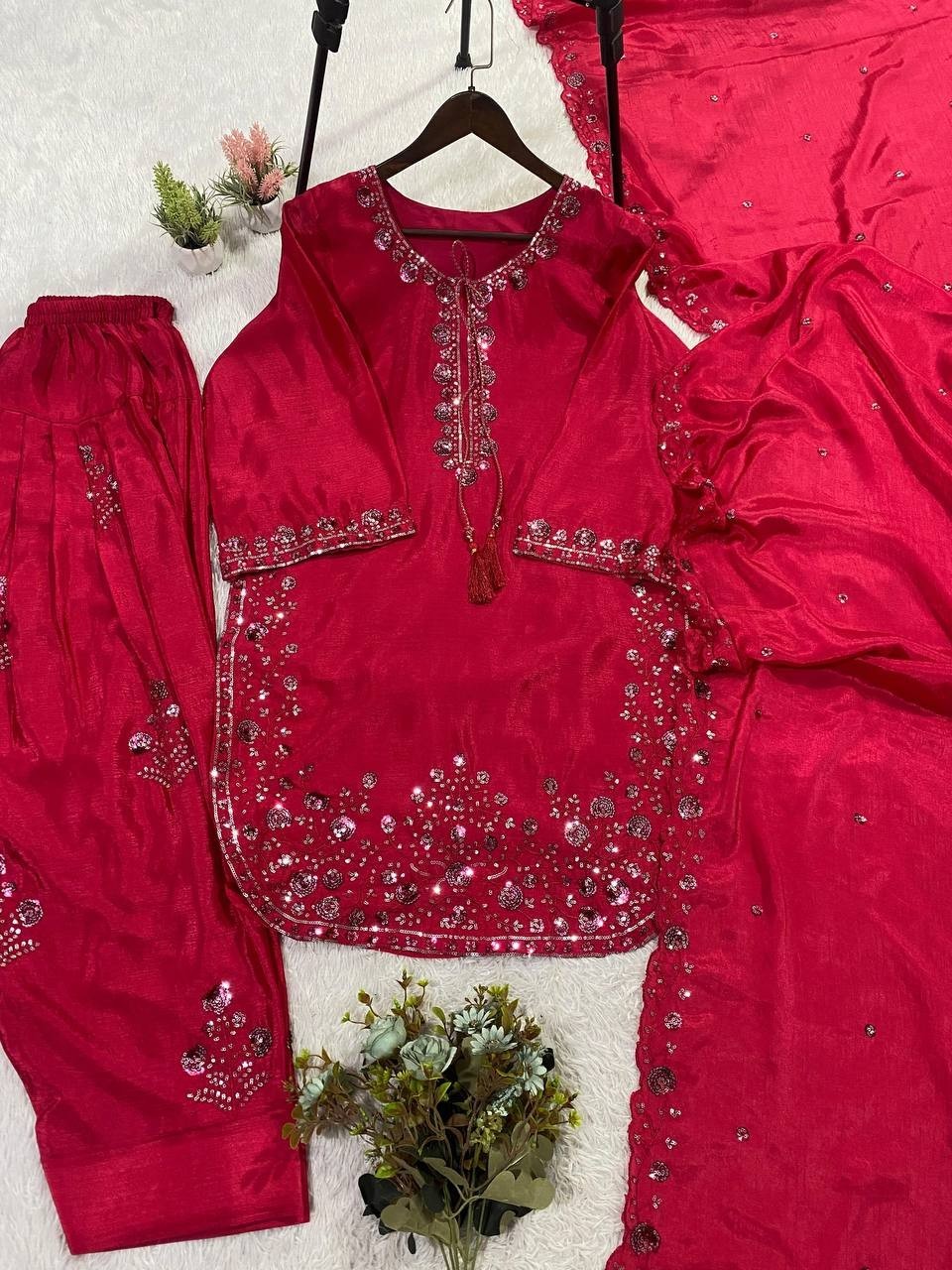 Beautiful Chinon Silk Pink Salwar Kameez With Dupatta For Indian Functional Wear