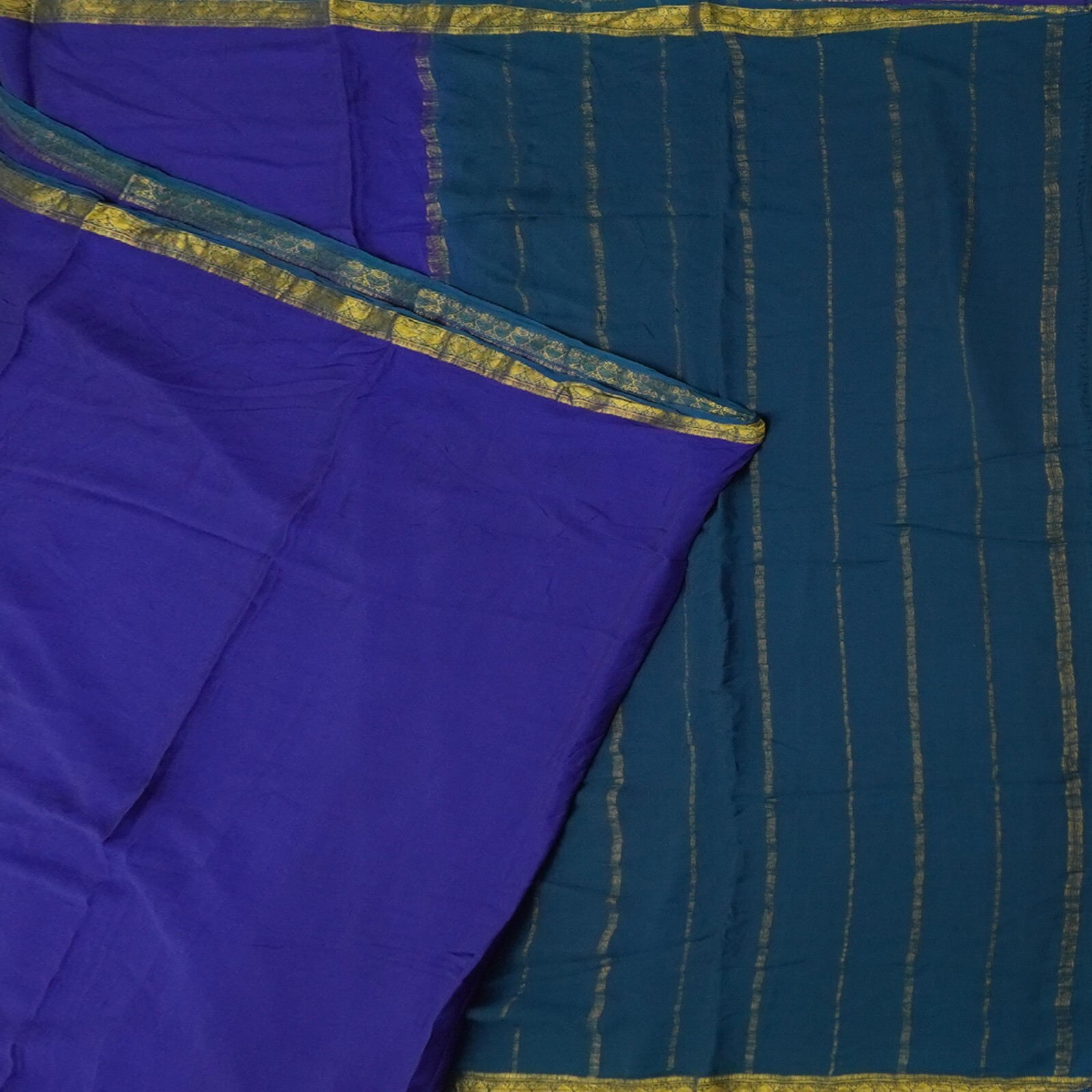 Vintage Blue Sarees 100% Pure Mysore Crepe Silk Zari Woven Sari 5YD Craft Fabric
