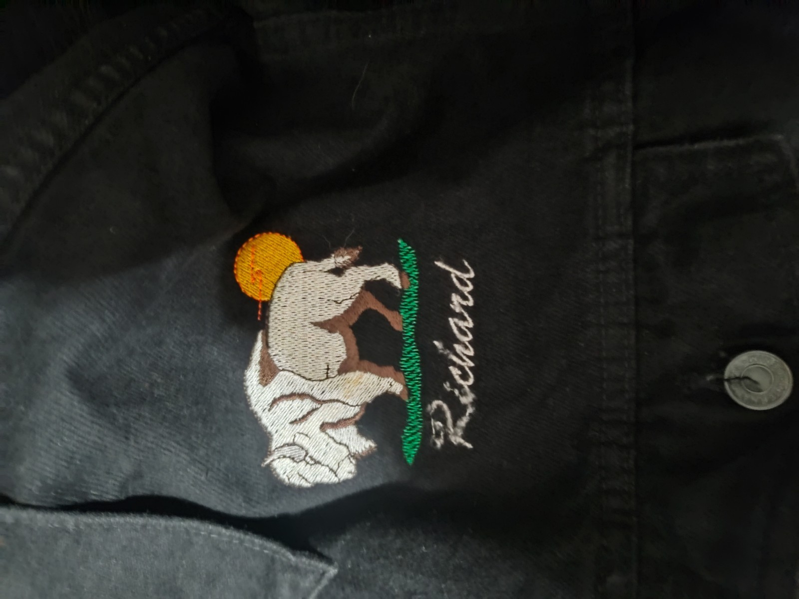 Black Jean Jacket XL Embroidered Name Richard Native American Dancer, Excellent