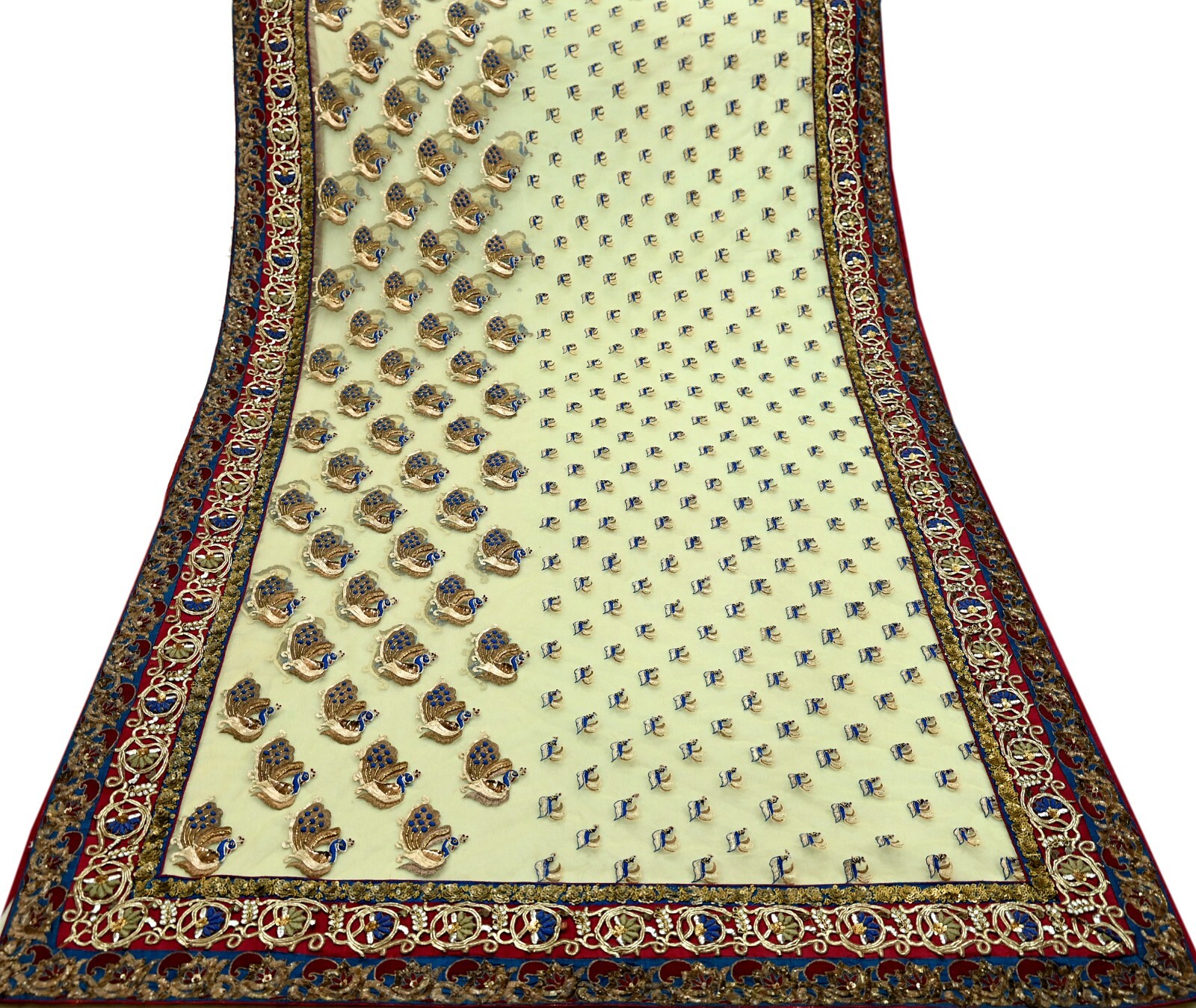 Indian Pre-owned Sari Ivory Net Hand Embroidered Anamika Khanna Designer Sarees