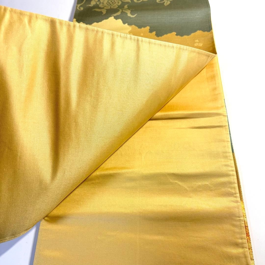 Silk Fukuro Obi Gold Beige Green Red Floral 414cm Japanese Kimono Used