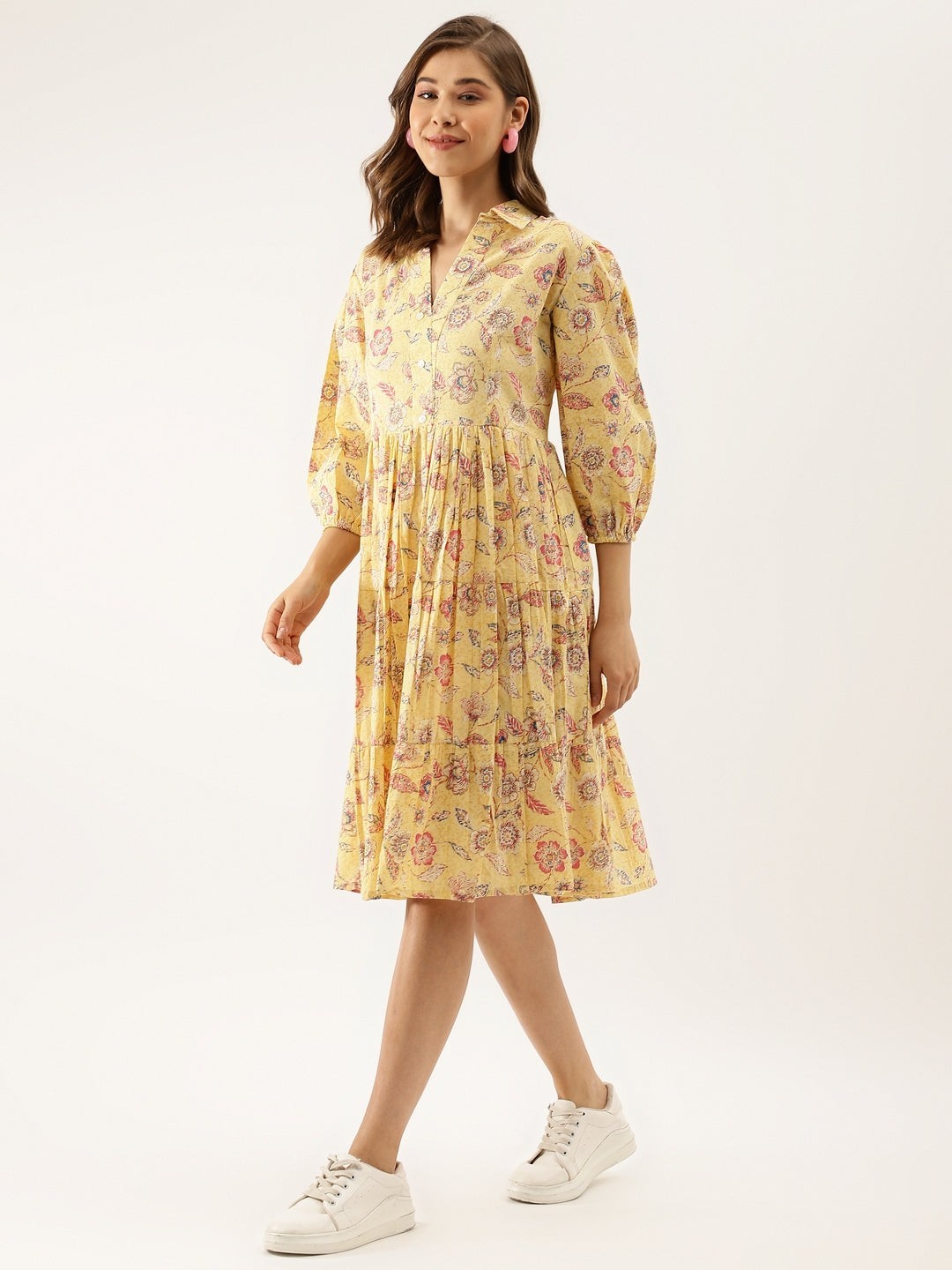 Yellow Floral Printed Cotton Dress for Women Plus Size & Regular | Flowy Boho