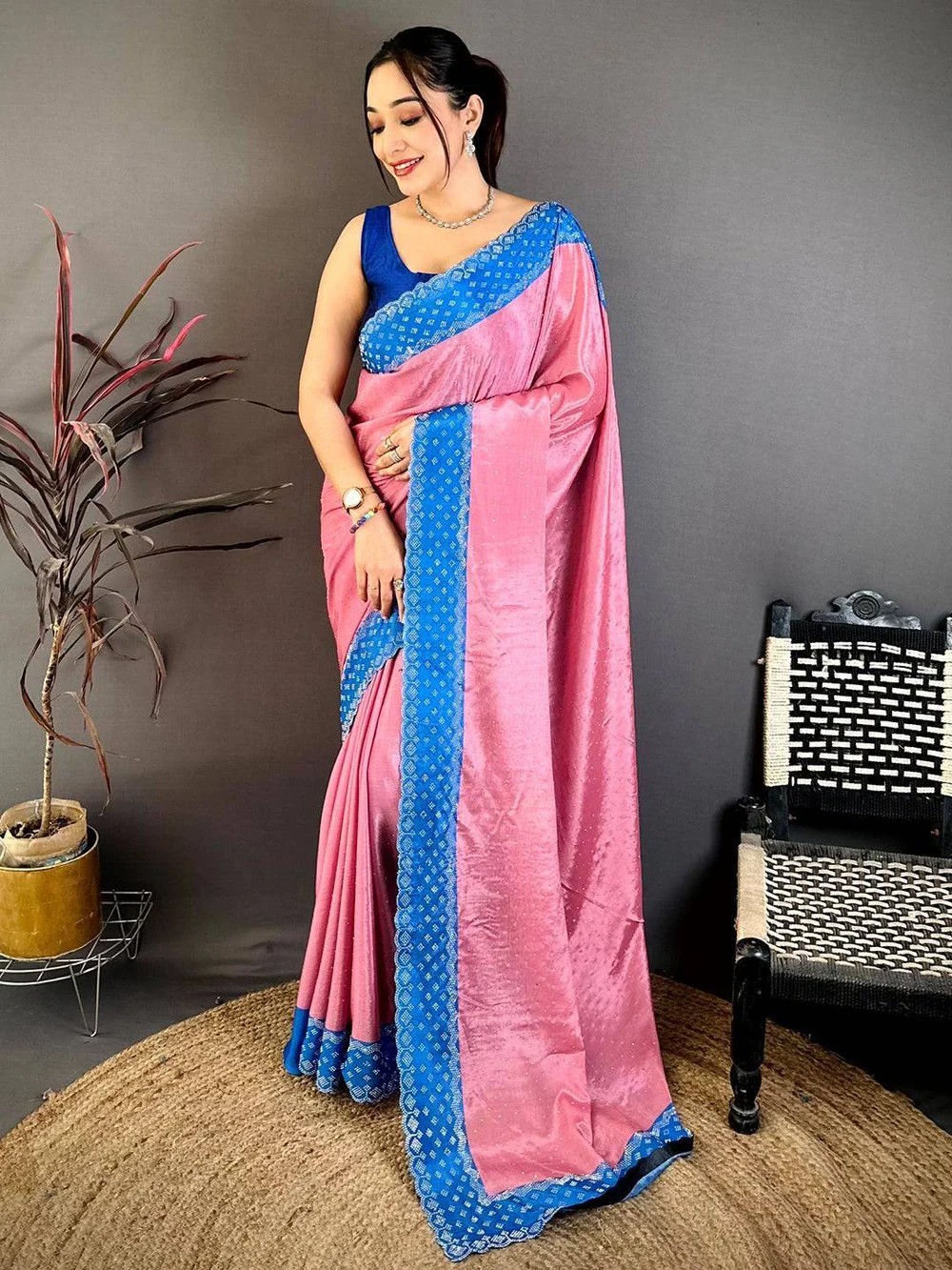 Pink Women Saree Chiffon Fabric Stone Work Party Wear With Blouse