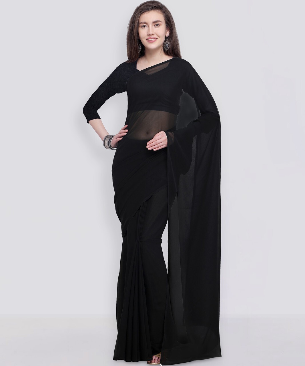 Solid/Plain Bollywood Georgette Saree (Black)