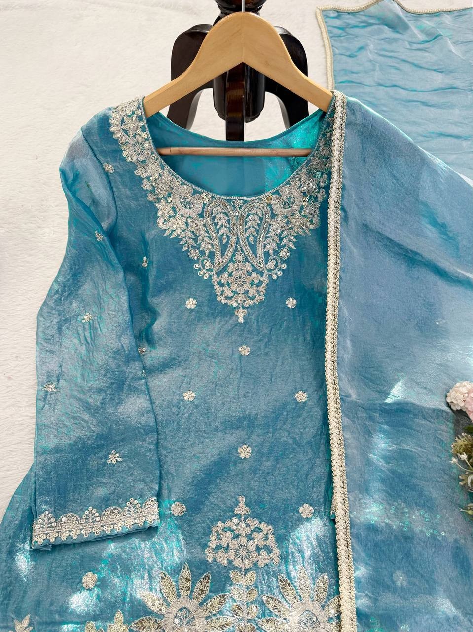 New Presenting Heavy Silk Sky Blue Top Palazzo With Dupatta For Wedding Wear