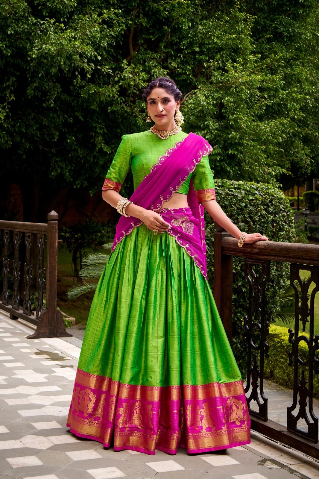 Stunning Poly Cotton Parrot Green Lehenga Choli With Dupatta For Festival Wear