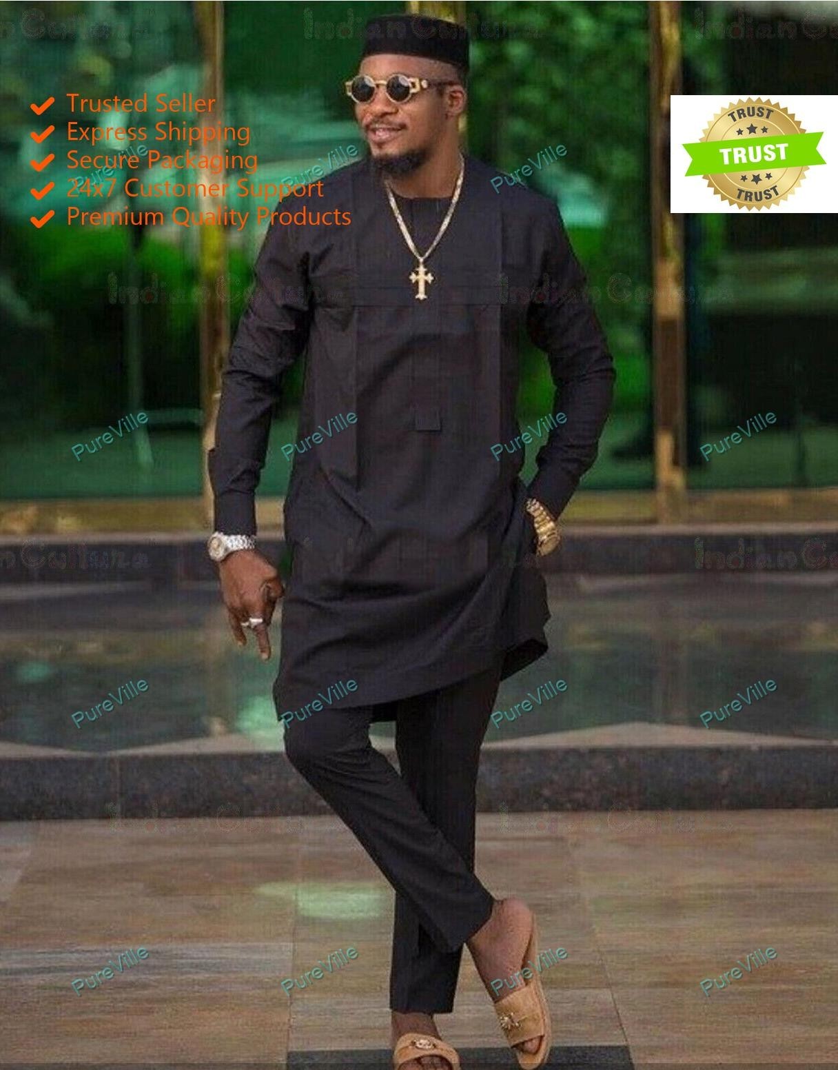 Mens Kurta Black Color Traditional Shirts Top Shirt Solid Mens Wear Cotton Cloth