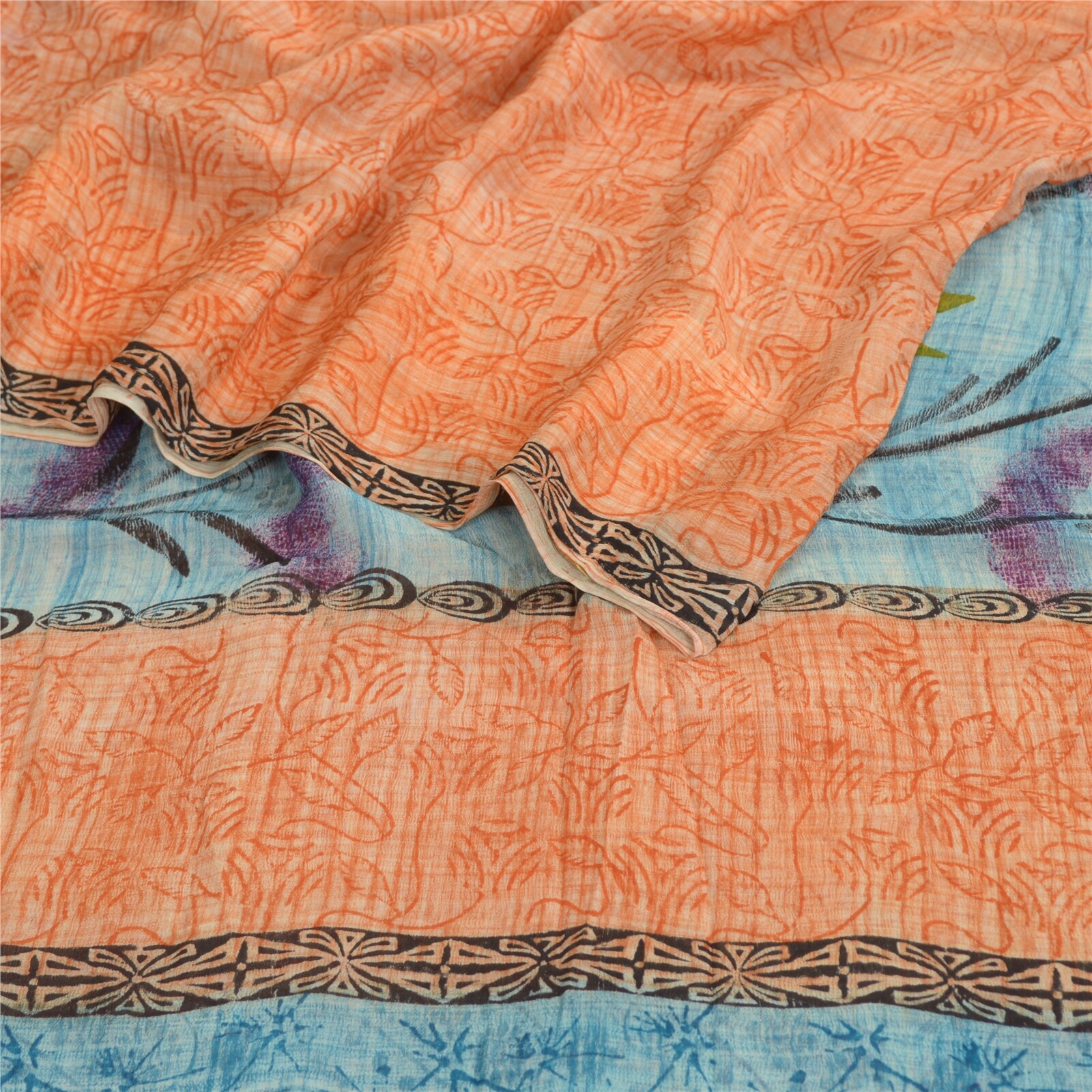 Sanskriti Vintage Peach/Blue Sarees Blend Georgette Printed Sari Craft Fabric