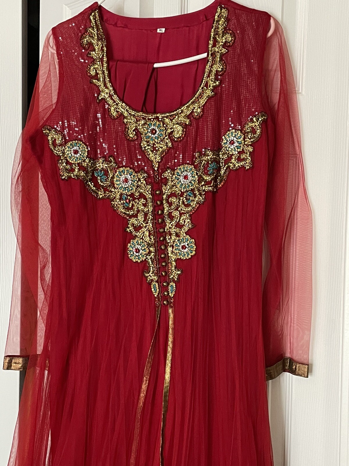 Indian Desi bridal wedding Red With gold And green Work anarkali dress