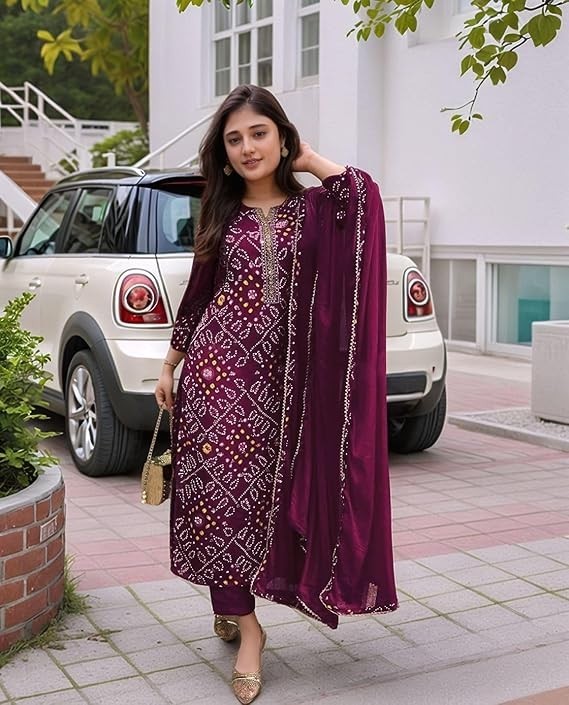 Women Bhandej Printed Purple Kurta With Pant & Dupatta , Plus Size Salwar Kameez