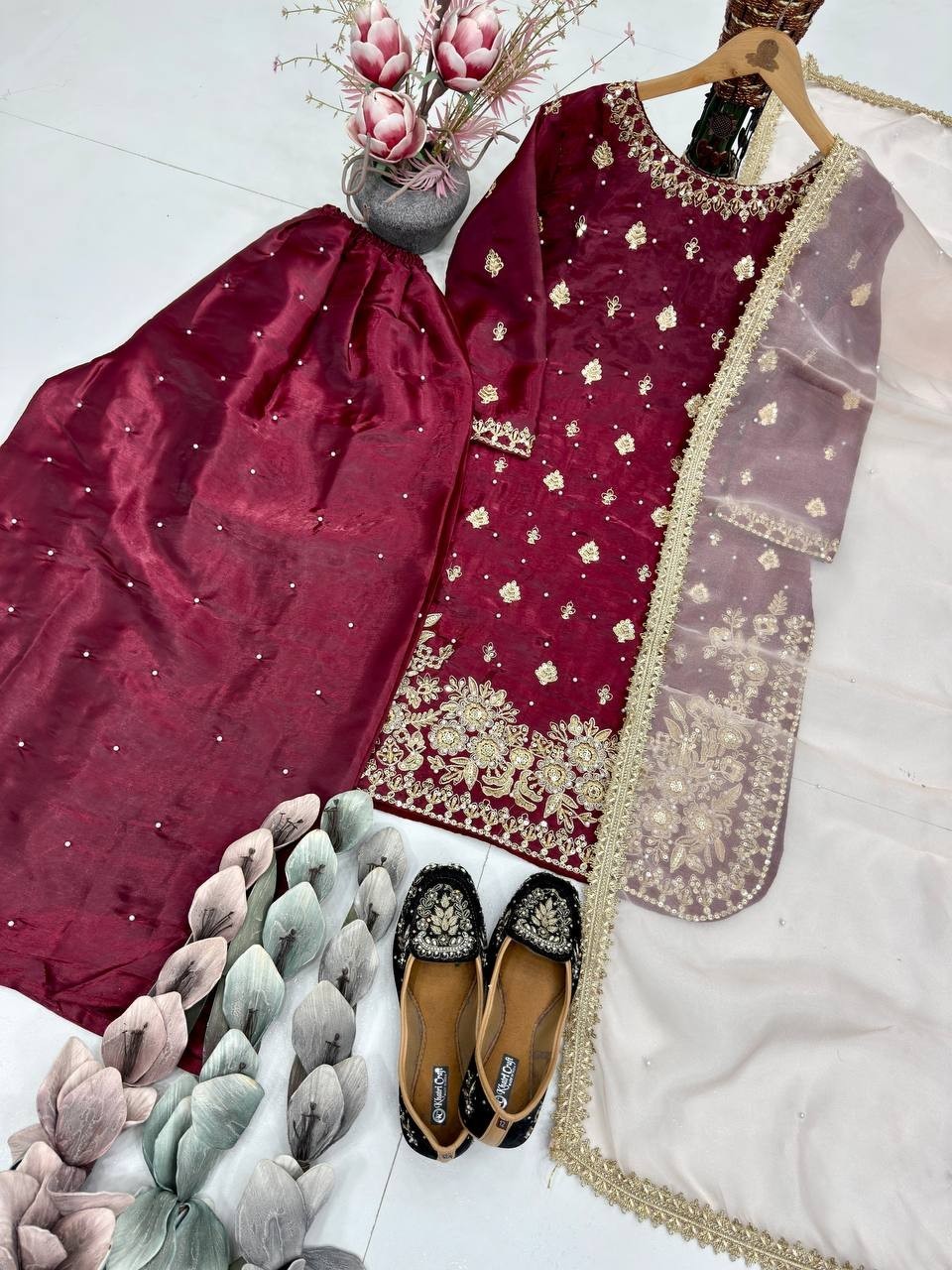 Wedding Wear Maroon Moss Satin Salwar Kameez With Dupatta For Women & Girls