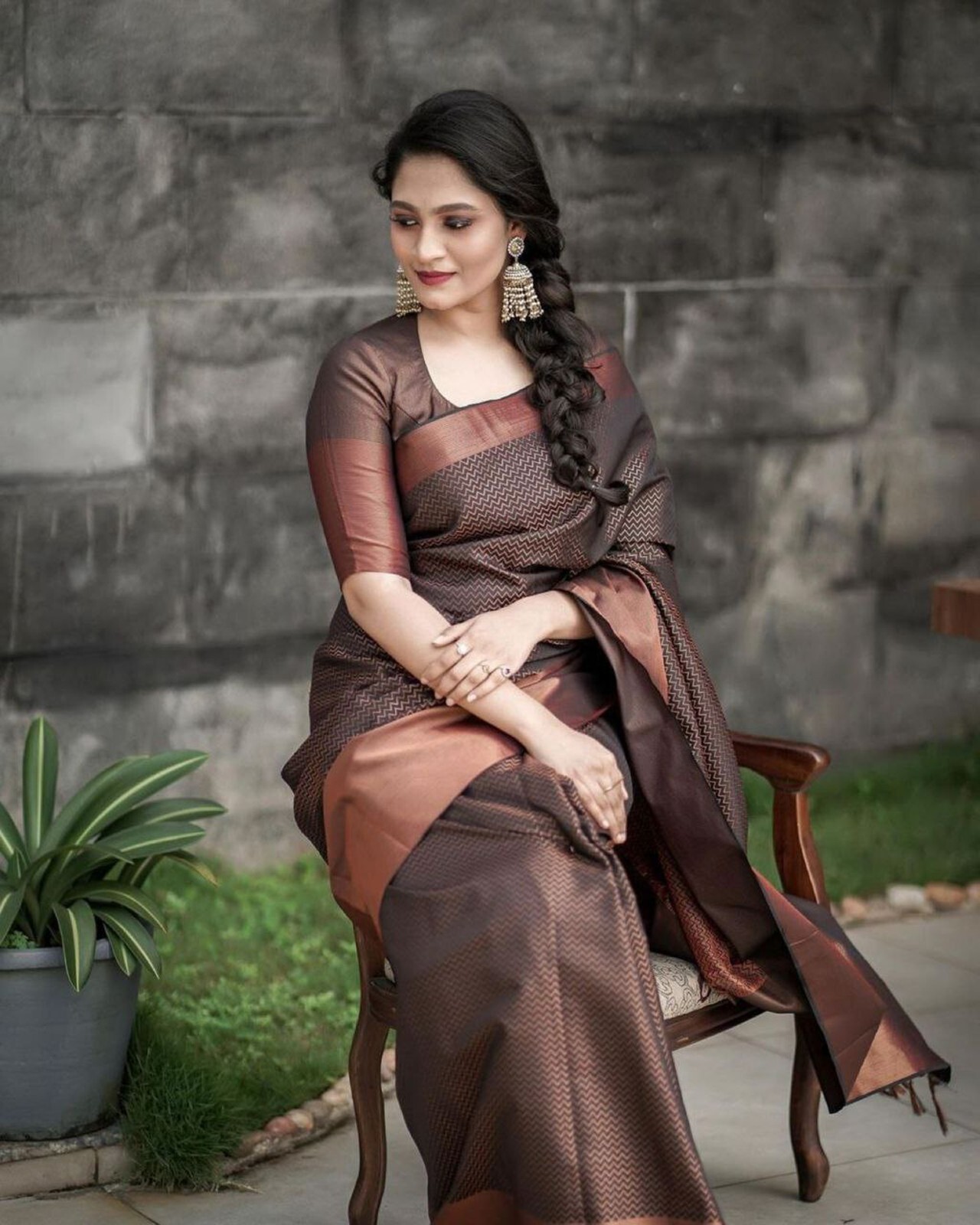 Areca Designer Copper Zigzag Brown Silk saree blouses women Saree Cut 5.5 Meter