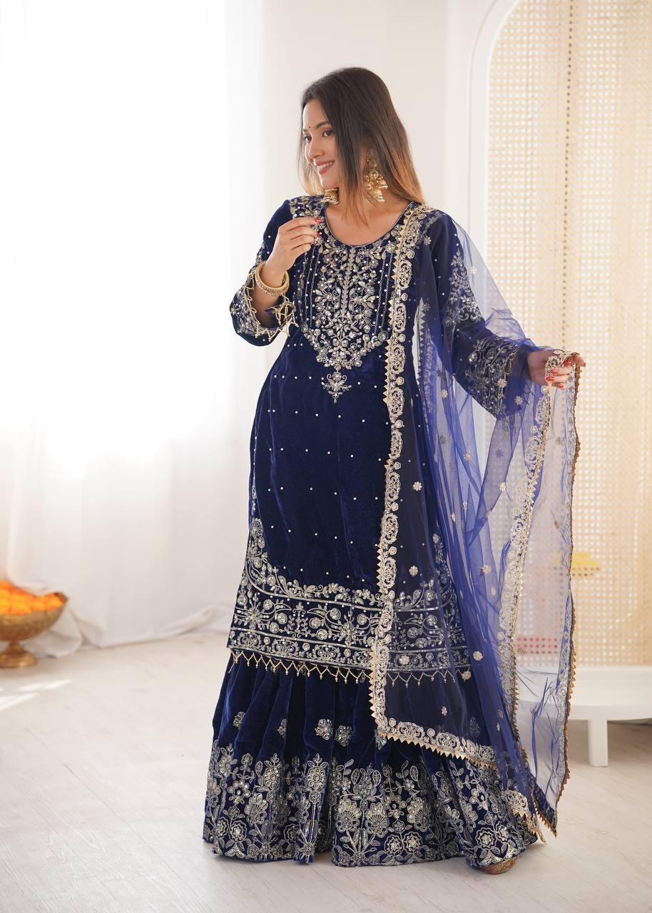 Latest Designer Viscose Velvet Kurta Palazzo With Net Dupatta For Festival