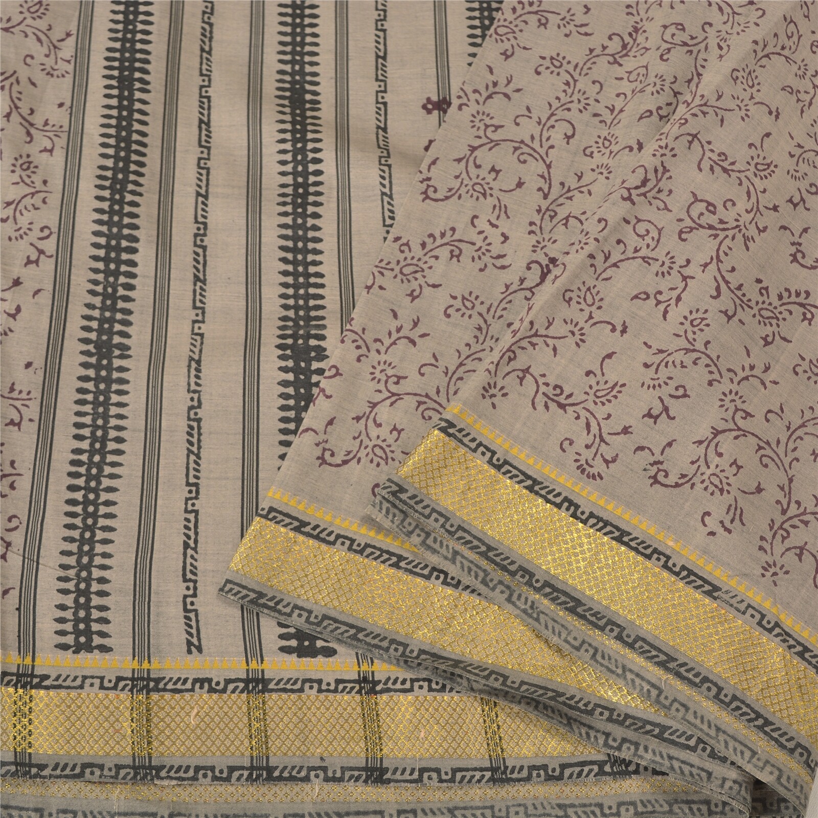 Sanskriti Vintage Grey Indian Sarees Blend Silk Hand-Block Printed Sari Fabric