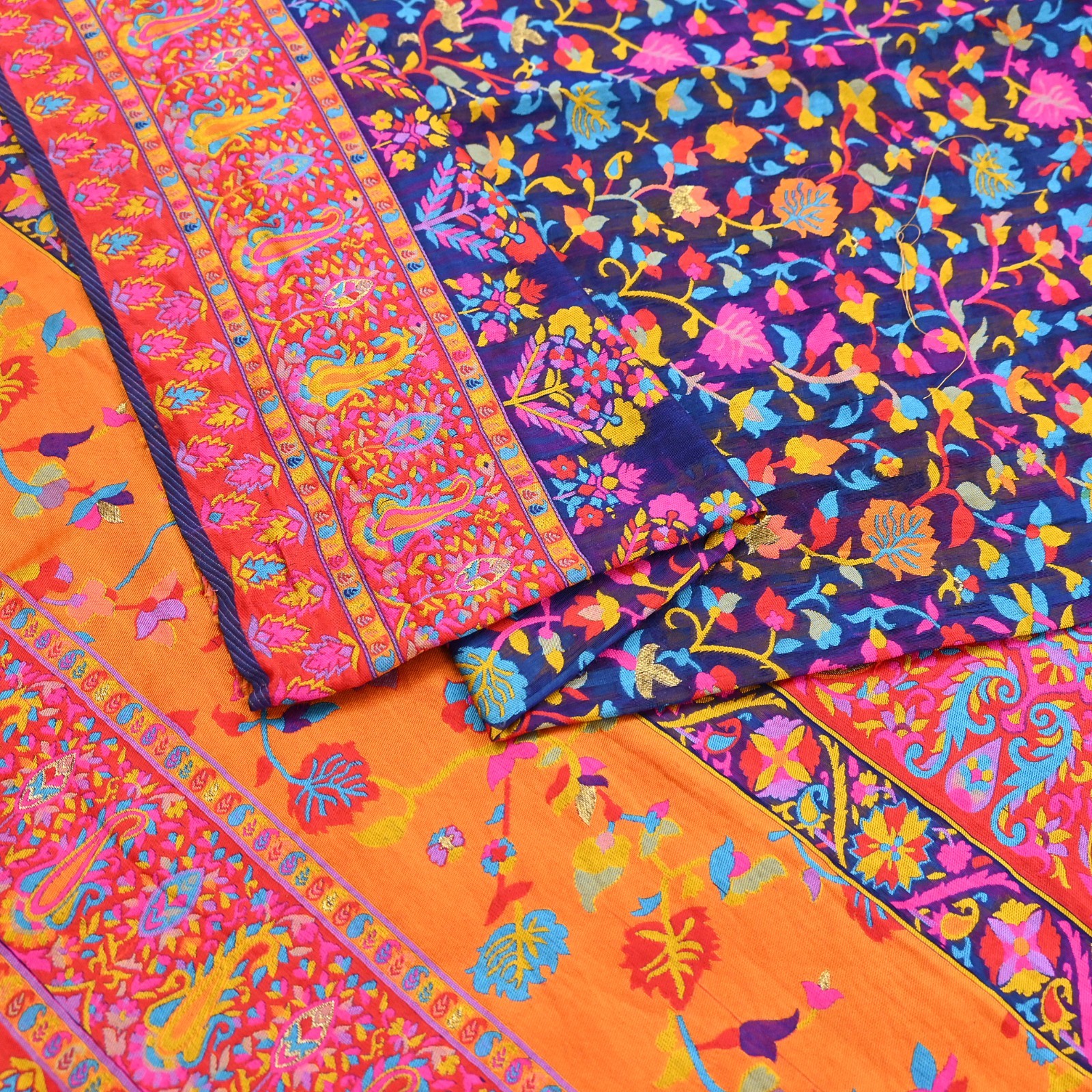 Indian Vintage Sari Blue & Multi Artificial Silk Hand Woven Sarees 5yd Ethnic