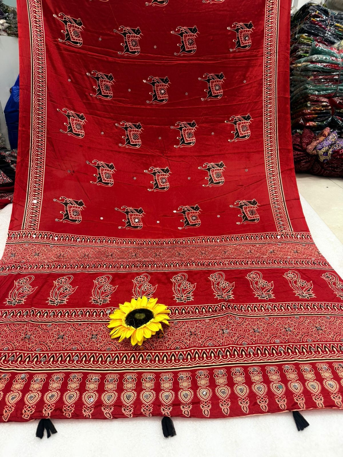 Ajrakh Print Bandhani Gajji Silk Saree Mirror Work Indian Wedding Sari+Blouse