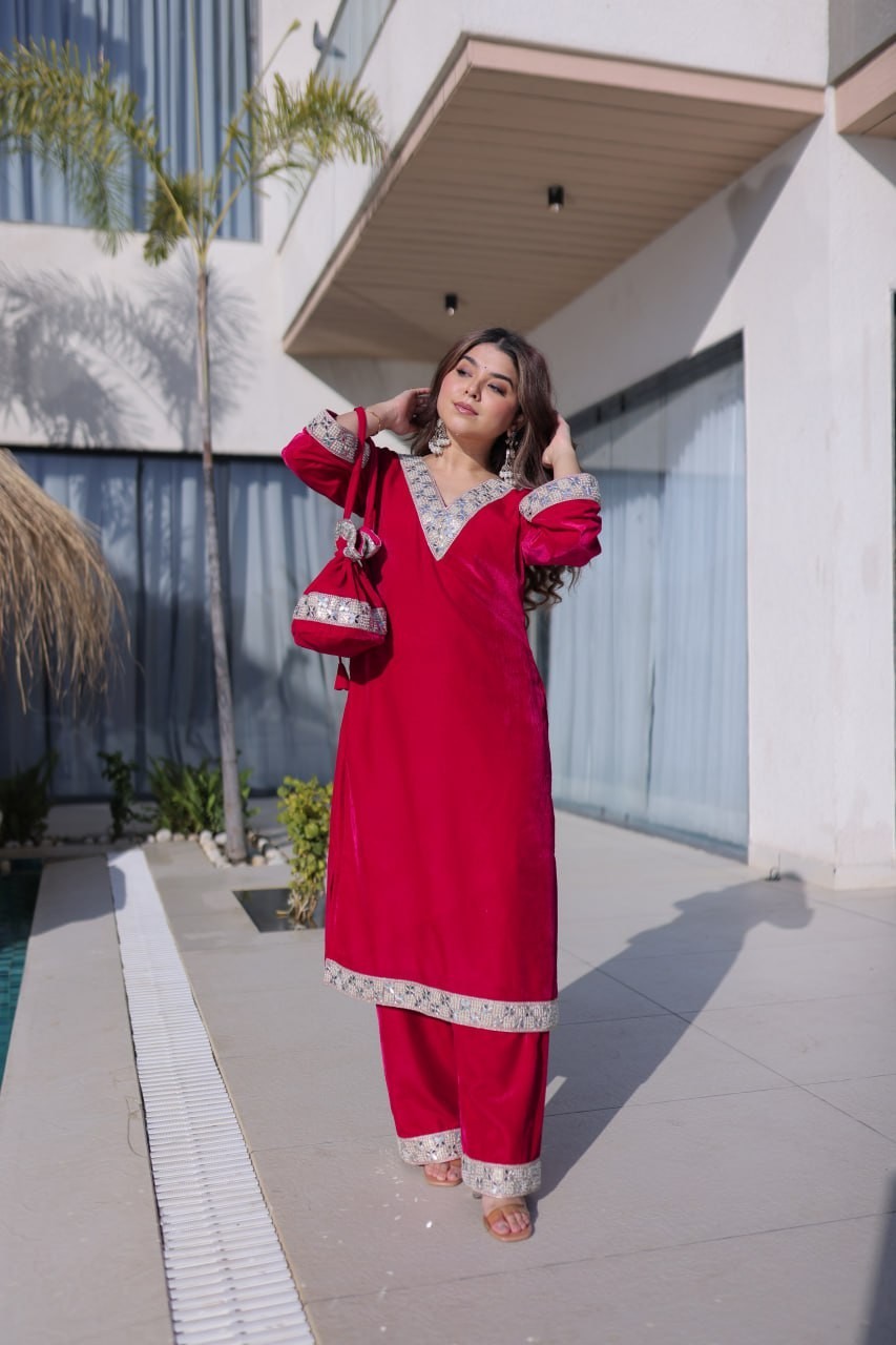 ReadytoWear Velvet Kurti Pant Set | Eid Party Outfit Zari Mirror | S M L XL XXL