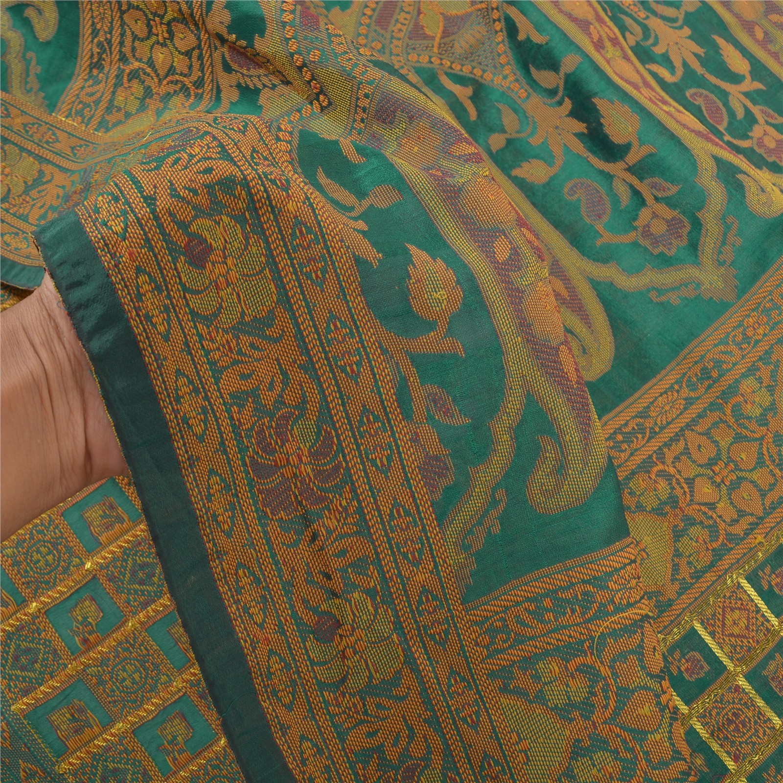 Sanskriti Vintage Rama Green Sarees Artificial Silk Hand- Woven Sari Fabric