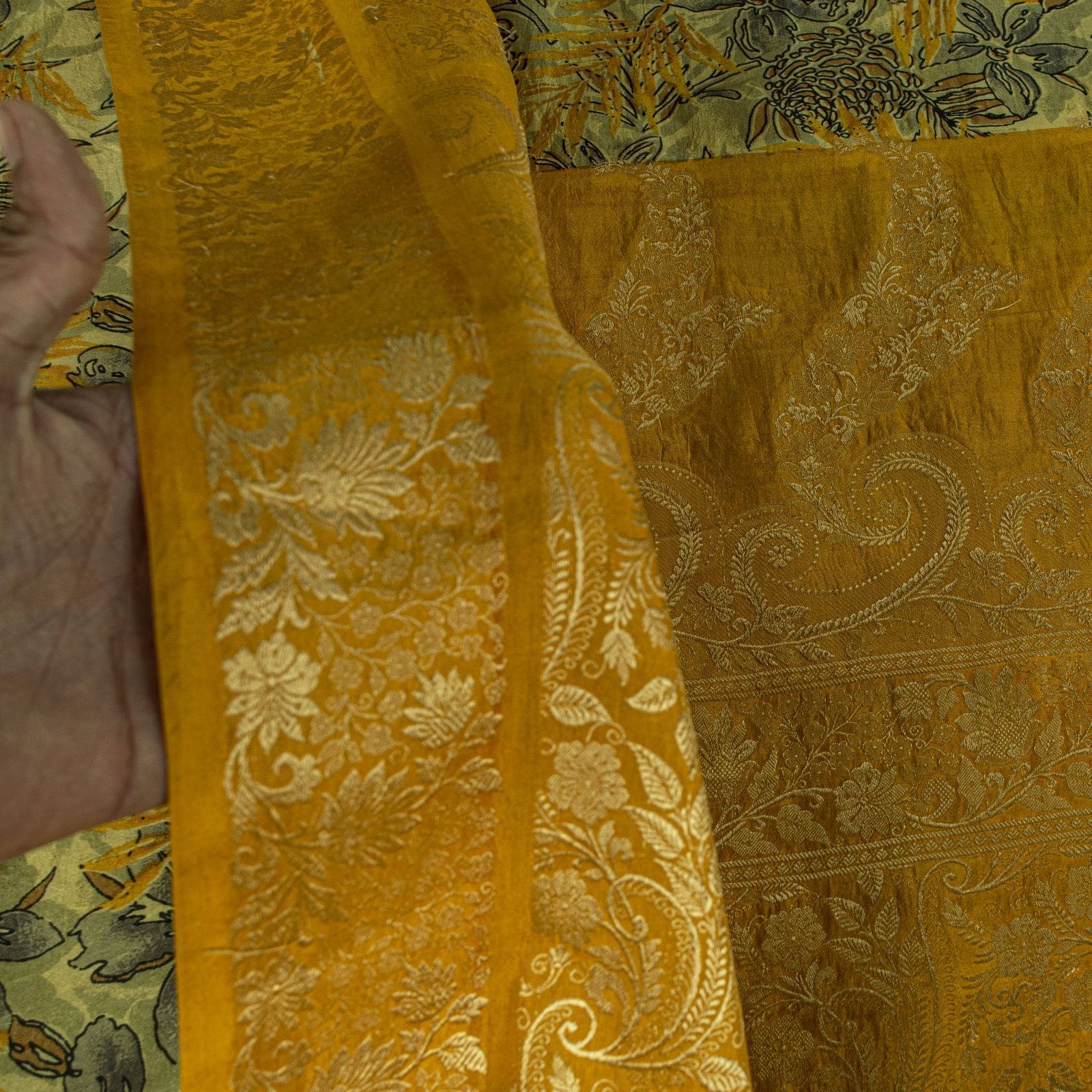 Sanskriti Vintage Saree Green-Yellow Soft Pure Silk Floral Print-Woven Sari 5.5Y