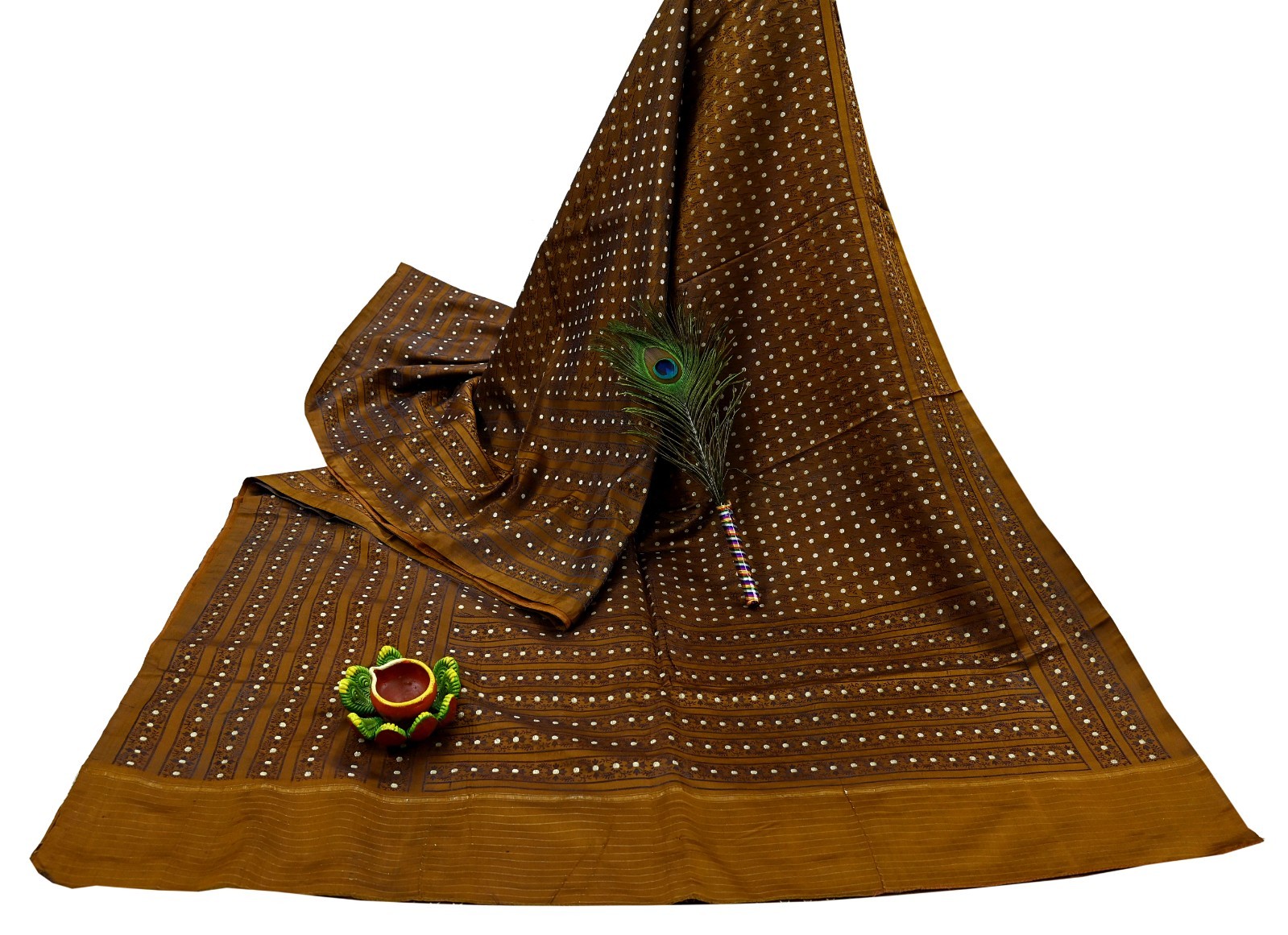 Vintage Sari Golden Brown Heavy Pure Satin Silk Woven Banarasi Tanchoi Saree 5Yd