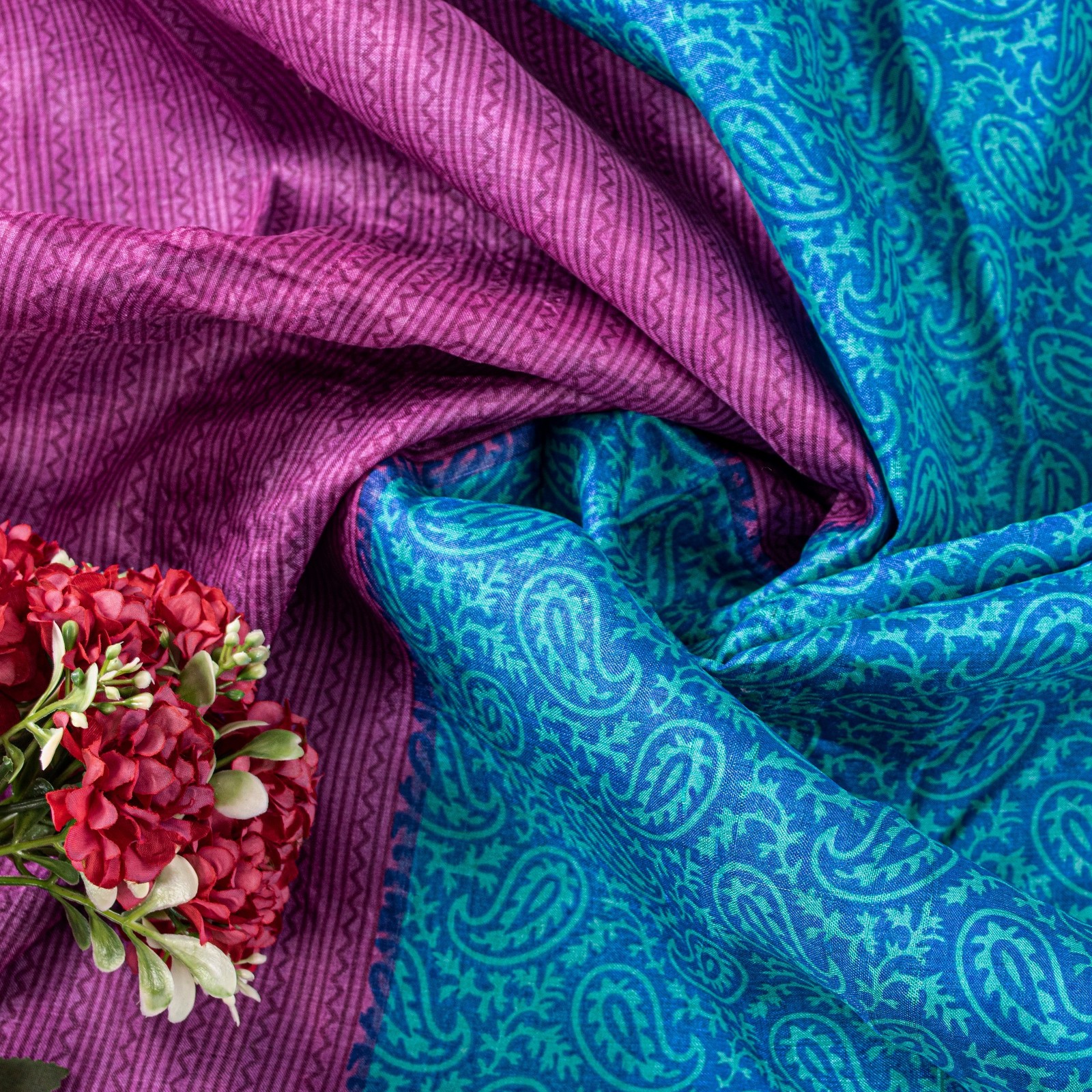 Sanskriti Vintage Sari Blue-Pink Pure Bamboo Silk Saree Hand Block 5.5+Y Paisley