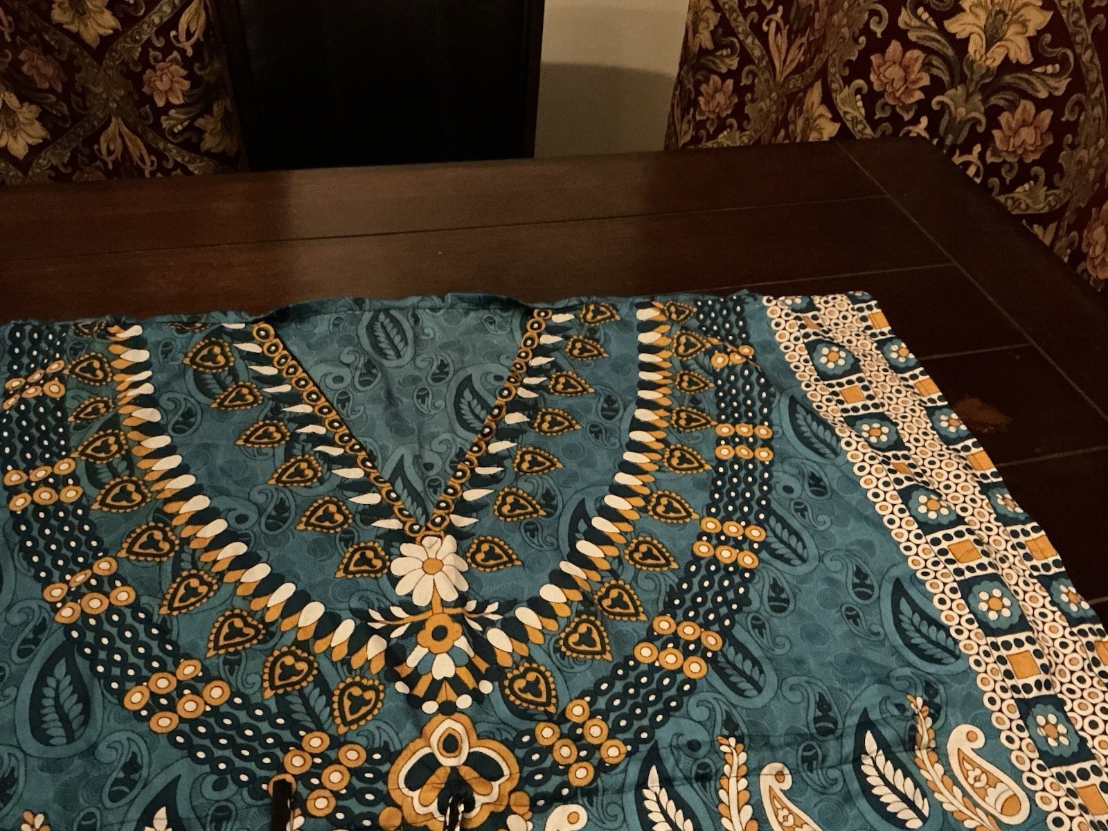 Polyester Dashiki poncho caftan Paisley Flower Border Print On Blue drawstring,