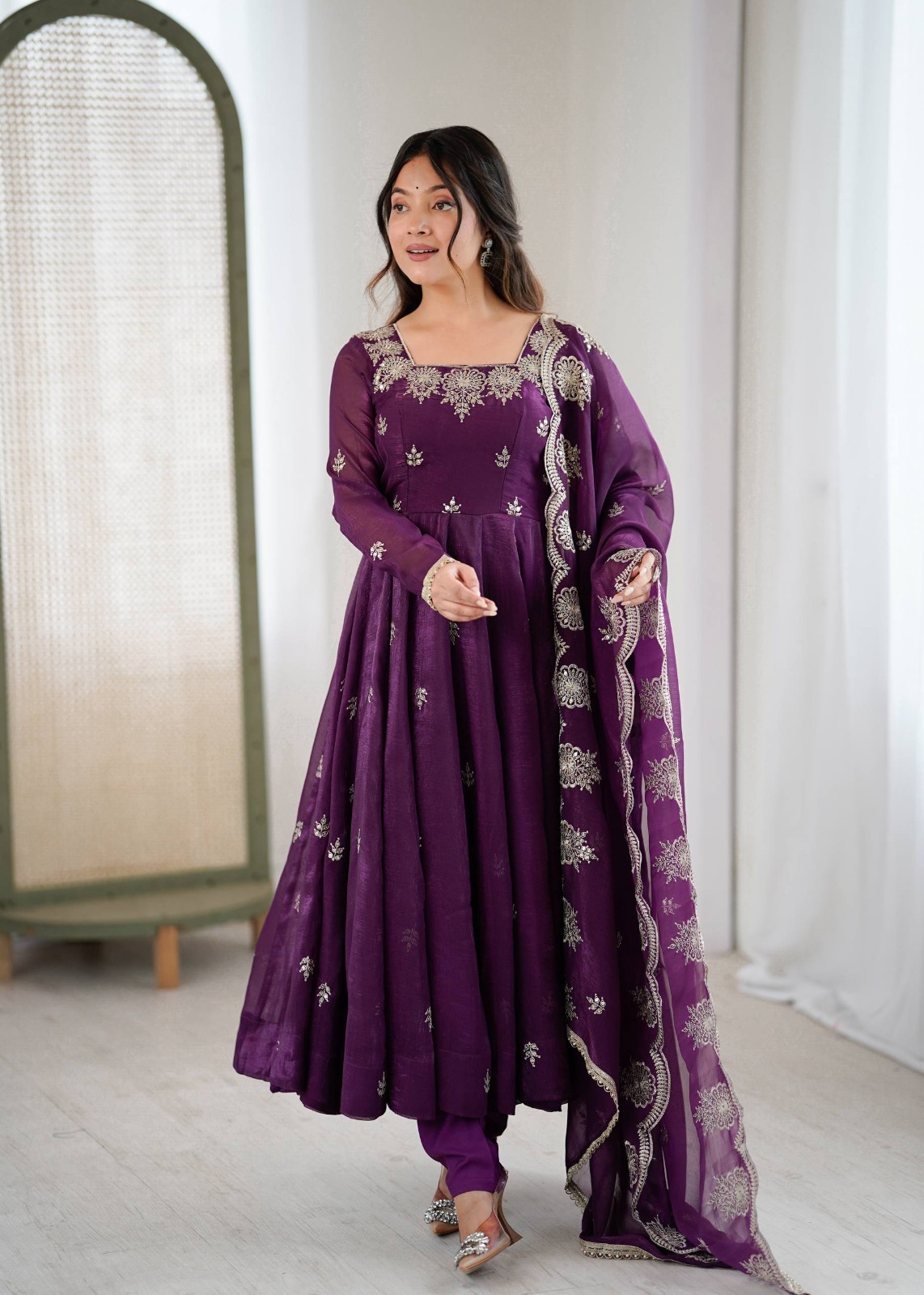 Traditional Wear Crunchy Silk Purple Gown Bottom With Dupatta For Women & Girls
