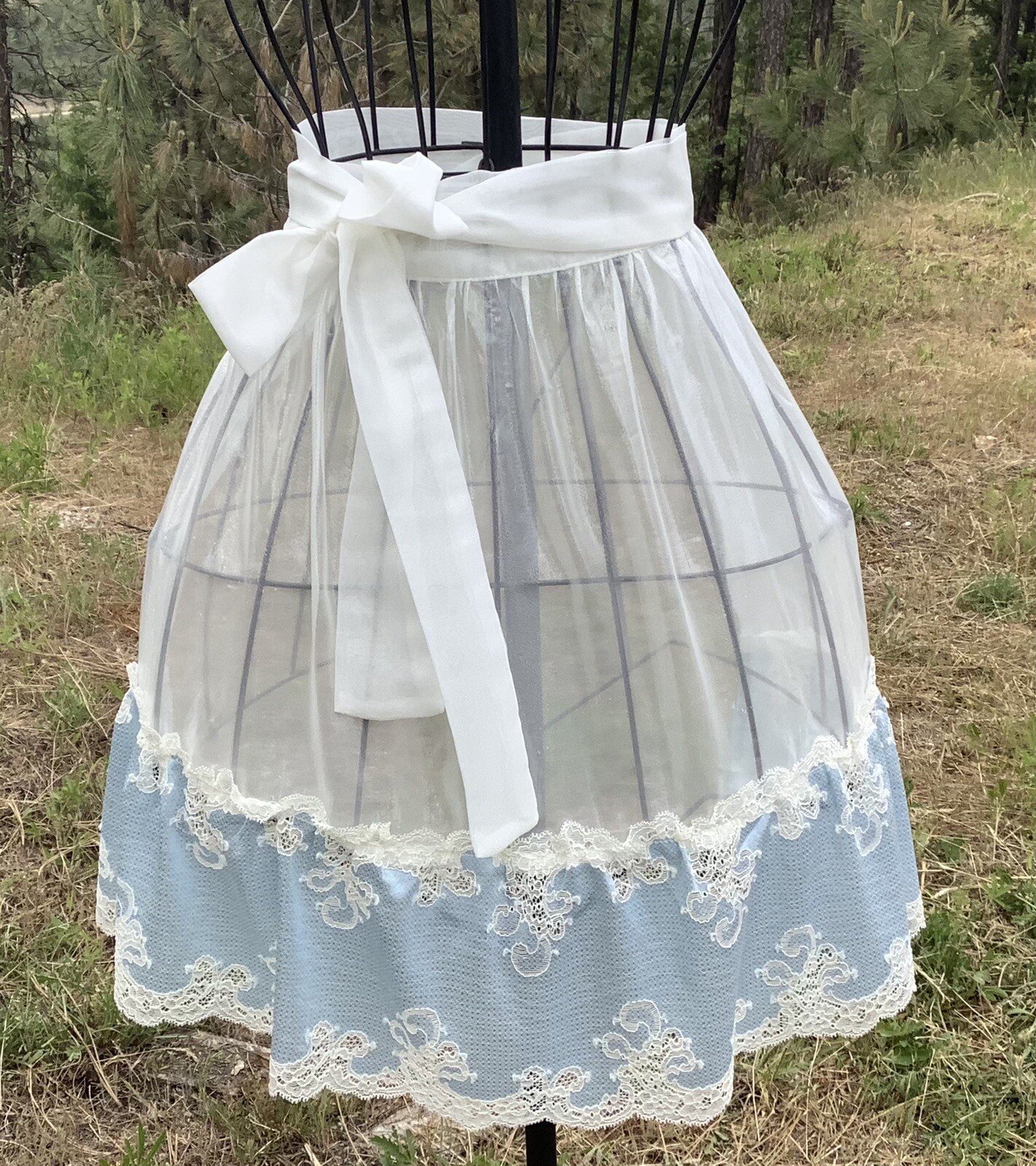 Offwhite sheer apron Light Blue Lace ruffles, Octoberfest Bridal Shower Dirndl