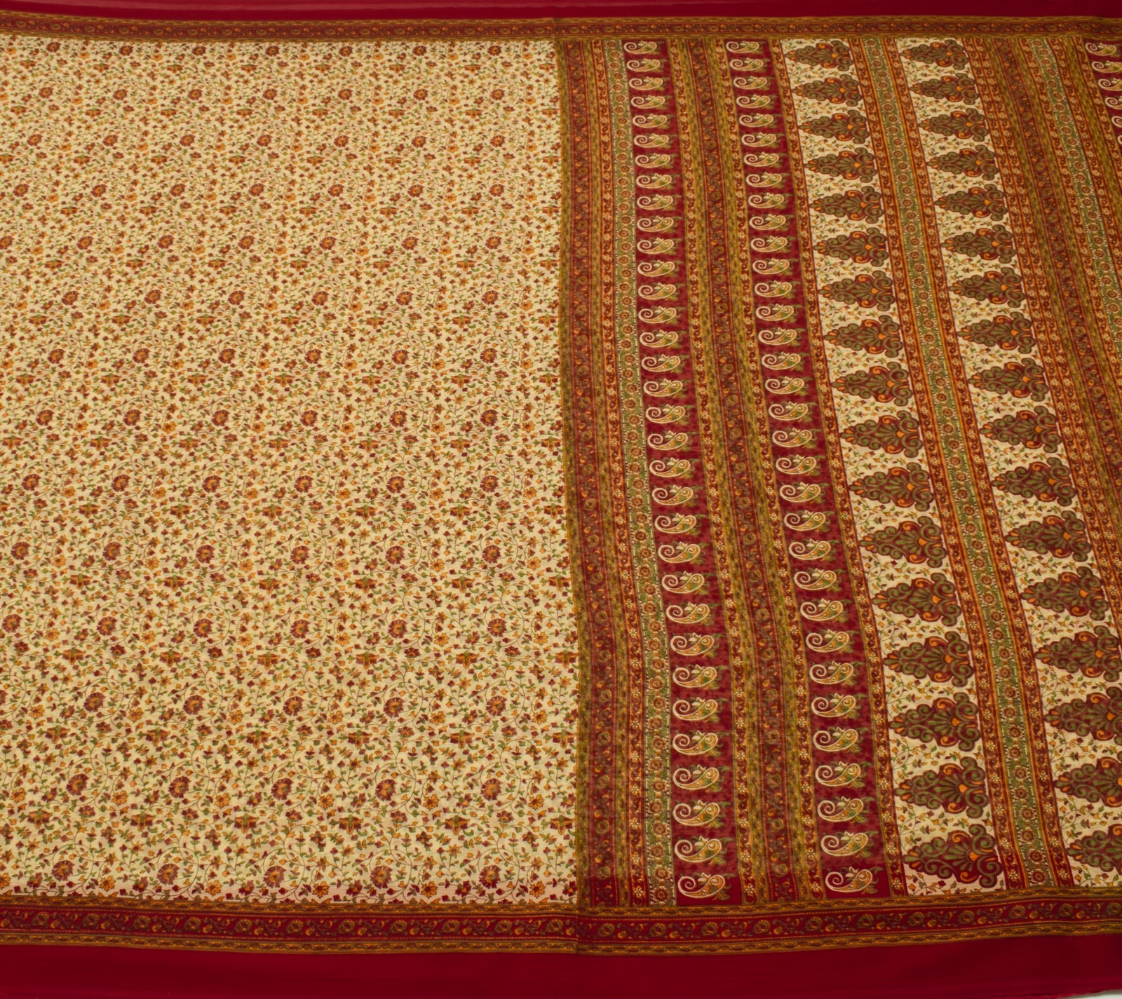 Sushila Vintage Cream Saree Blend Chiffon Silk Printed Floral Soft Craft Fabric