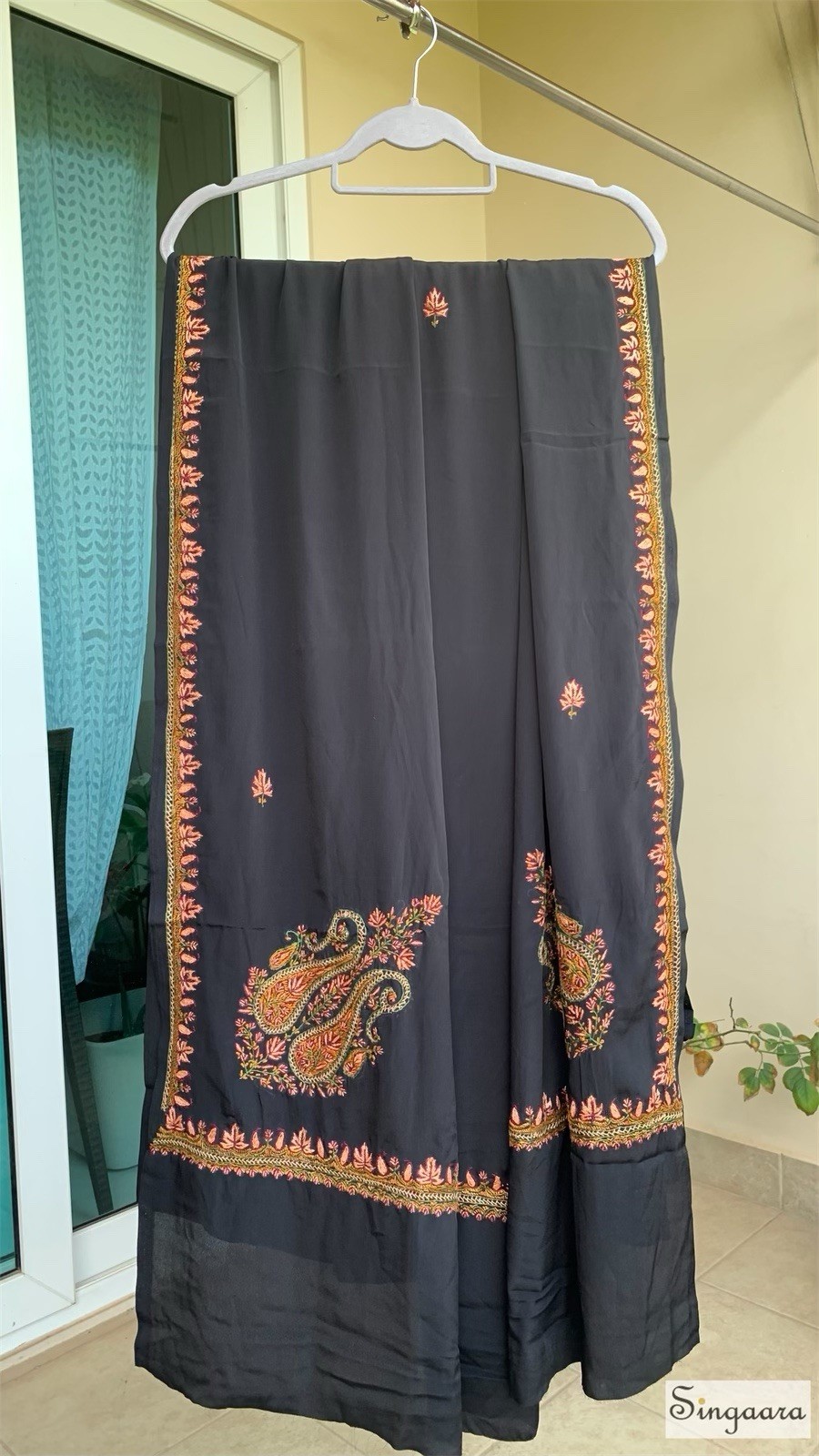 Cocktail Party Black Crepe silk saree sari Kashmiri Sozni Embroidery Partywear
