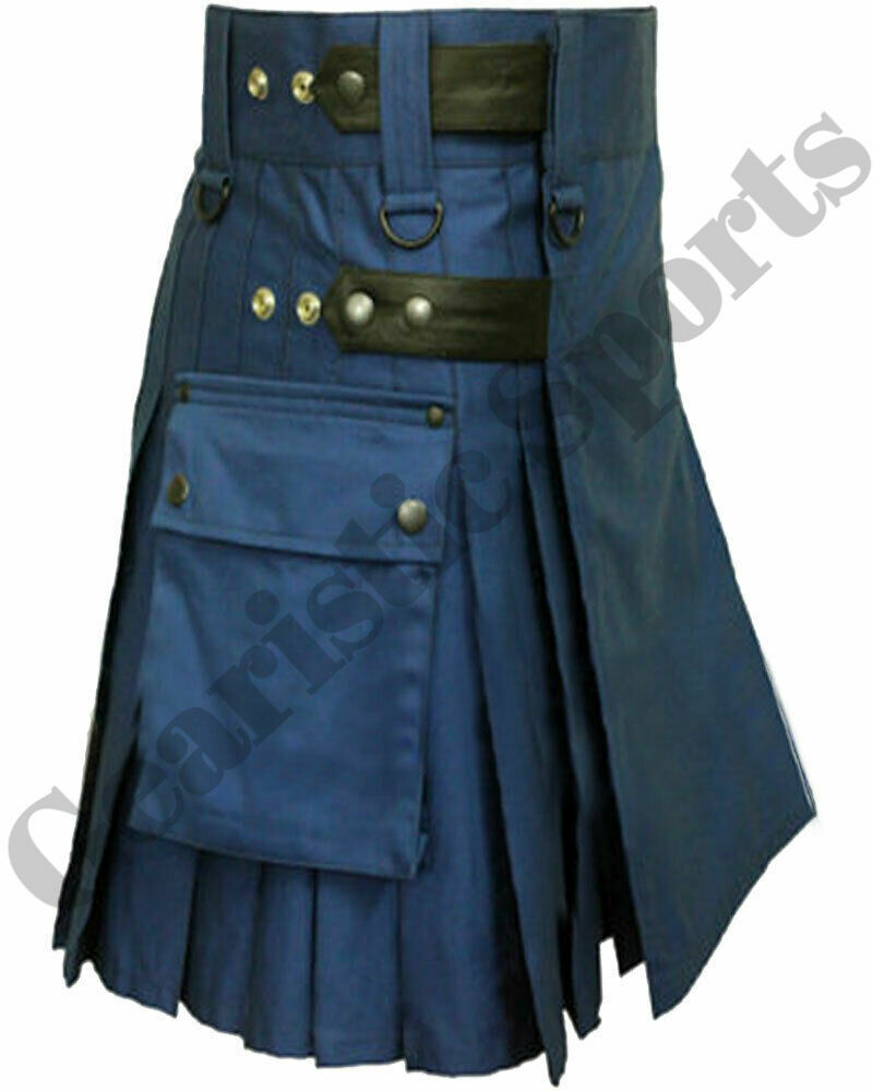 Blue Leather Straps Fashion Kilt Scottish Utility Kilts For Men Size 28″ to 50″