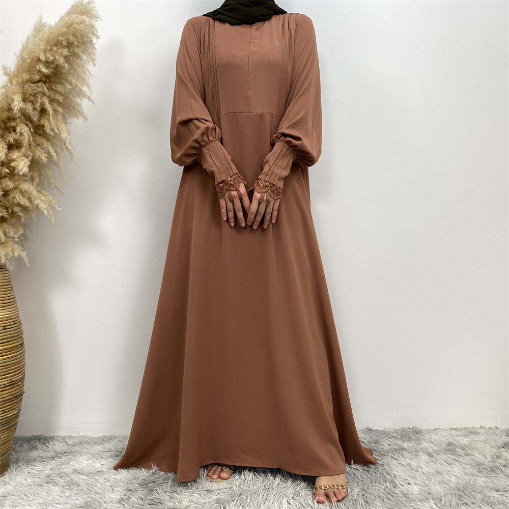 Women Loose Robe Muslim Dress Kaftan Solid Color Lace Sleeve Abaya Simple Burqa
