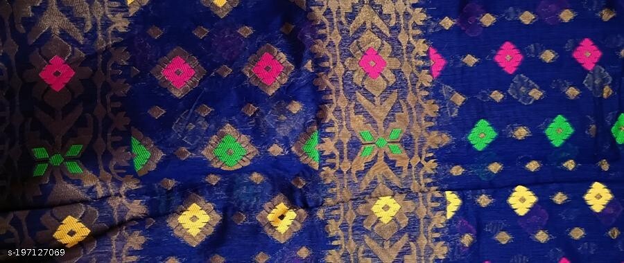 Designer Anniversary jacquard Copper Jamdani Silk Navy Blue color Prints saree