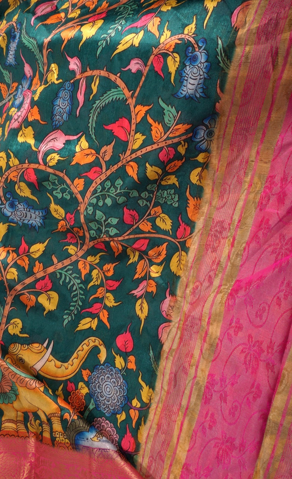 Vibrant Handloom Saree w/ Blouse Leaf Pattern Sari Ornate Fabric