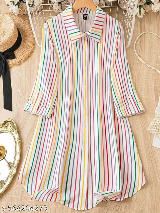 Shirt Dress for women/ A -Line White Striped Print Roll-Up Sleeve Shirt Dress