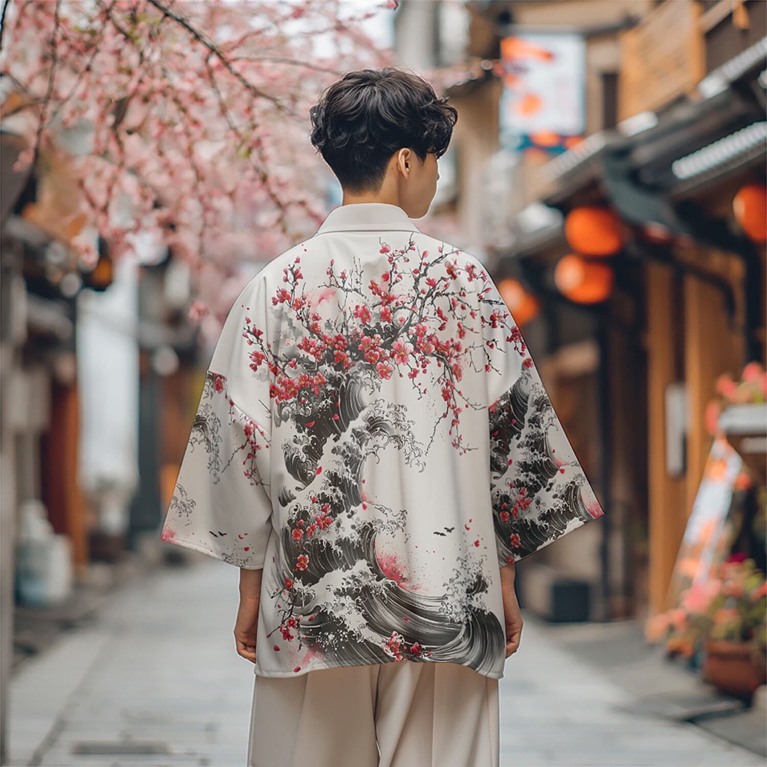 Niepce Men’s Japanese Graphic Lightweight Blossom Waves Kimono Cardigan Shirt
