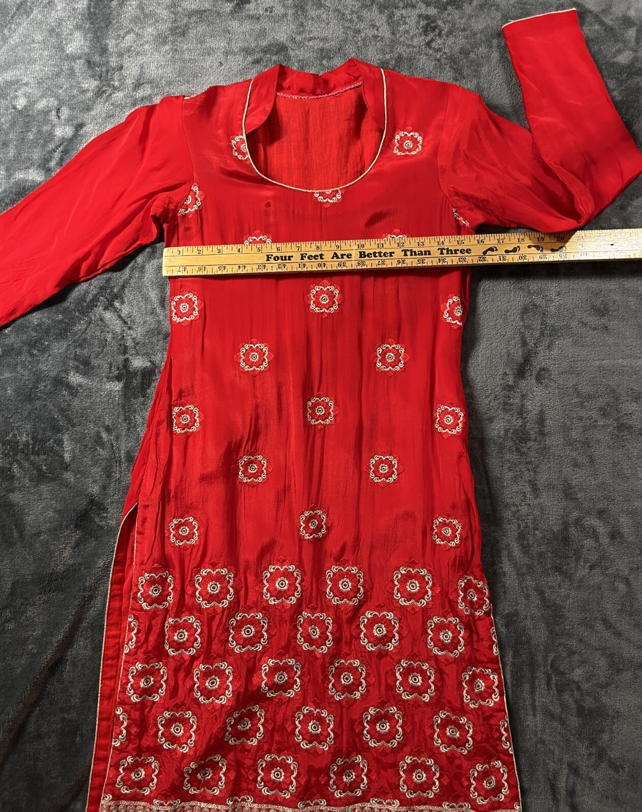 Hand Tailored Red Silk Embroidery Kurta/Dress Round Neck MEASUREMENTS IN LISTING