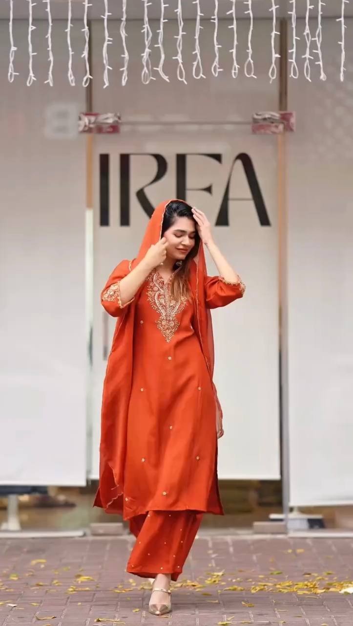 New Pure Chinon Silk Kurta Palazzo Designer With For Wedding Dupatta &Party Wear