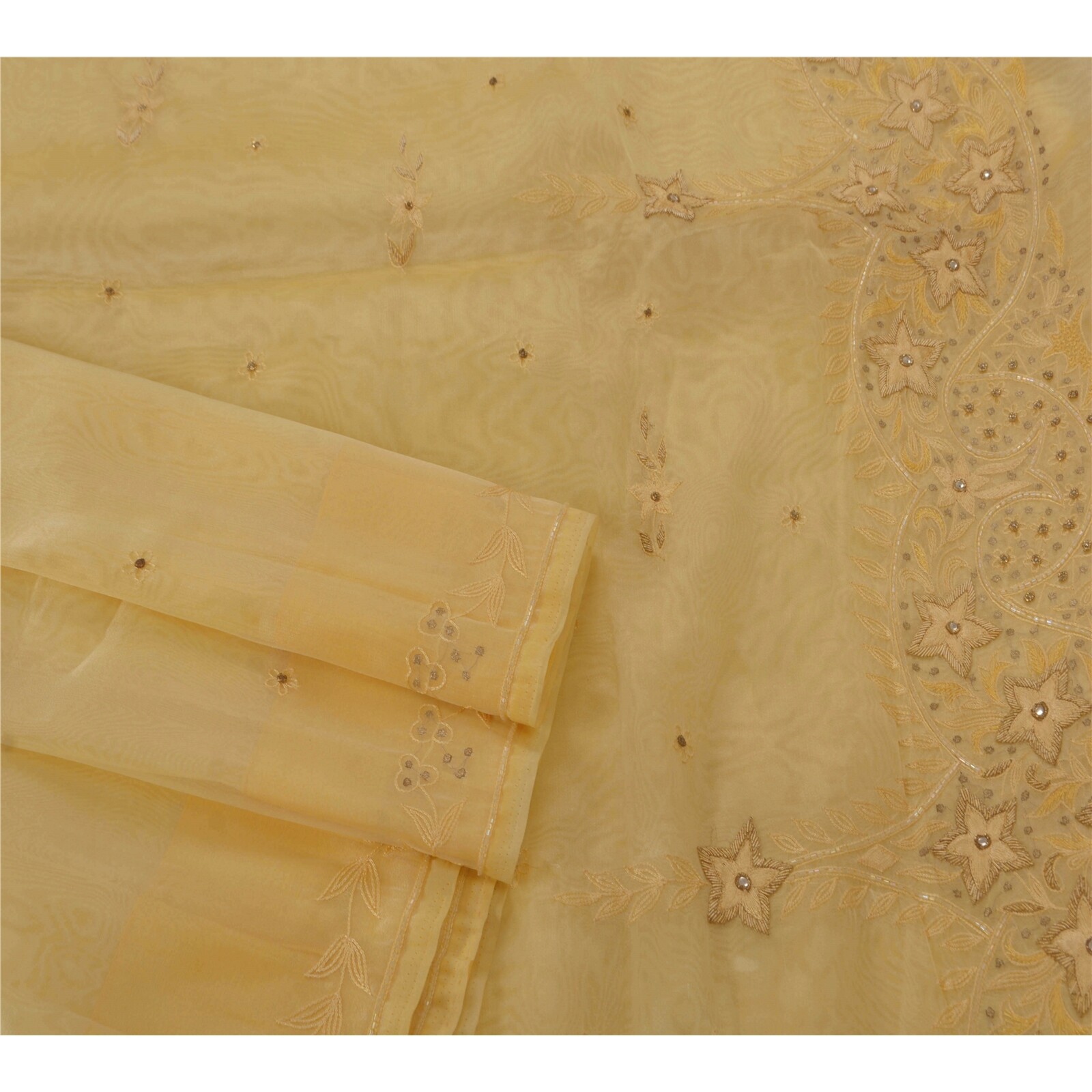 Sanskriti Vintage Cream Sarees Art Silk Hand Beaded Craft Fabric Premium Sari