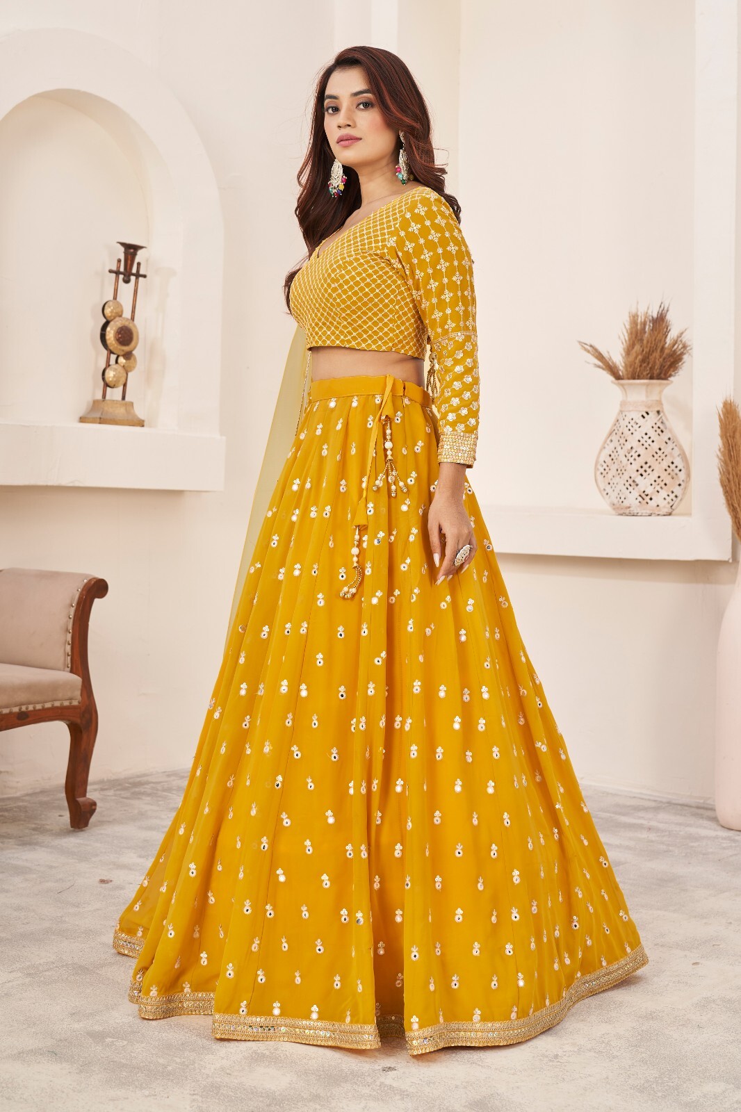 Women Fancy Yellow Georgette Thread With Sequence Embroidery Work Lehenga Choli