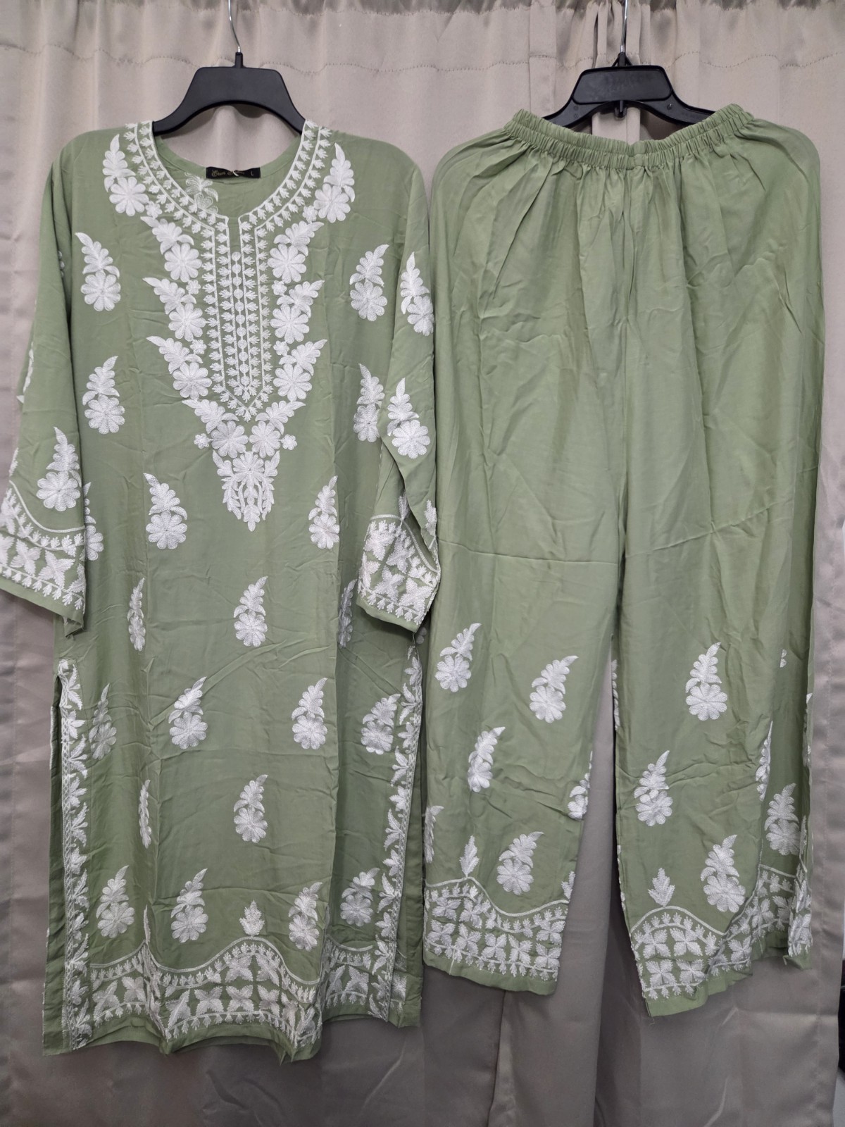Erum Emaan Sage Green Chikankari Kurta Palazzo Set Size L Pakistani Indian Suit