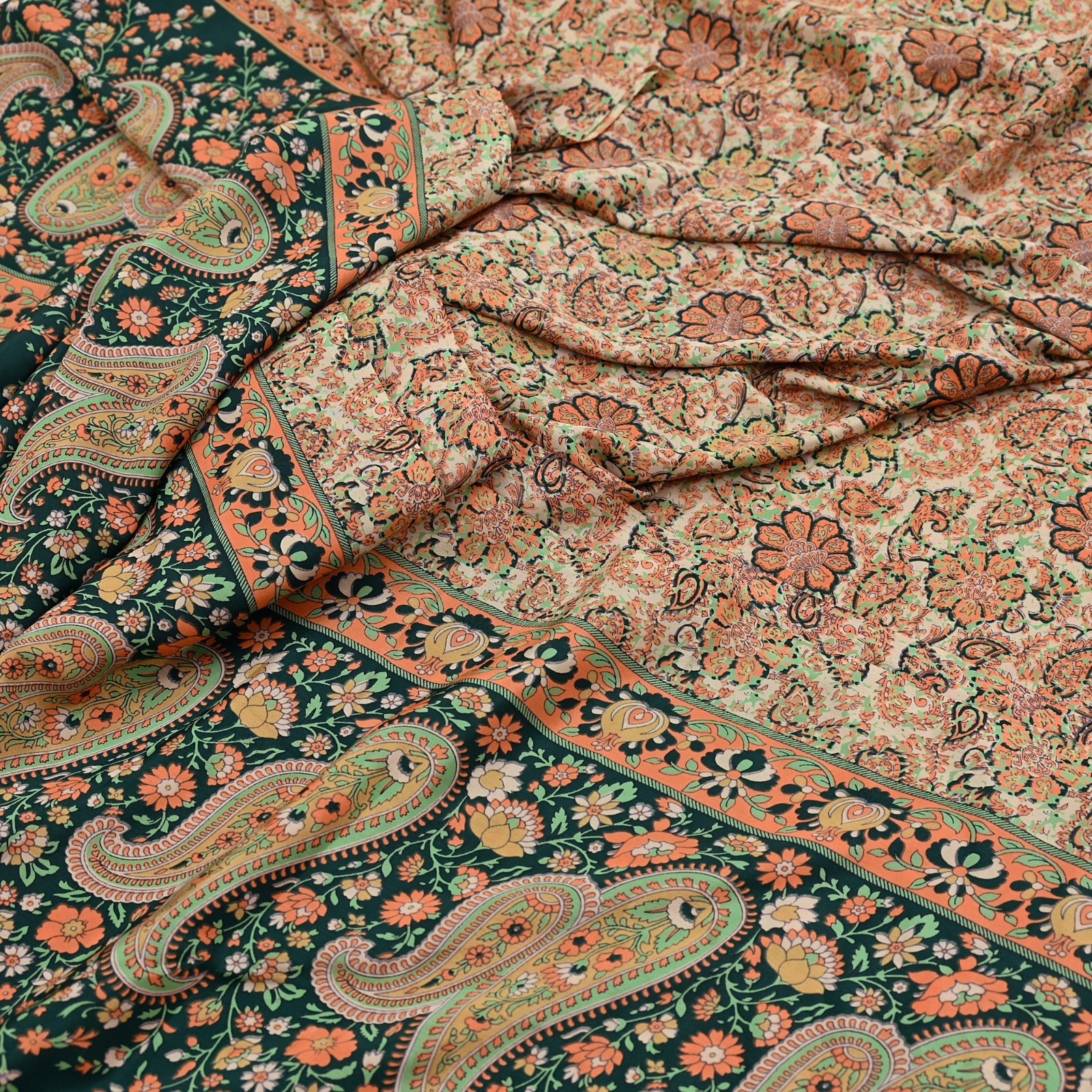 Vintage Beige Digital Printed Saree Floral Artificial Silk Fabric 6 Yards Indian