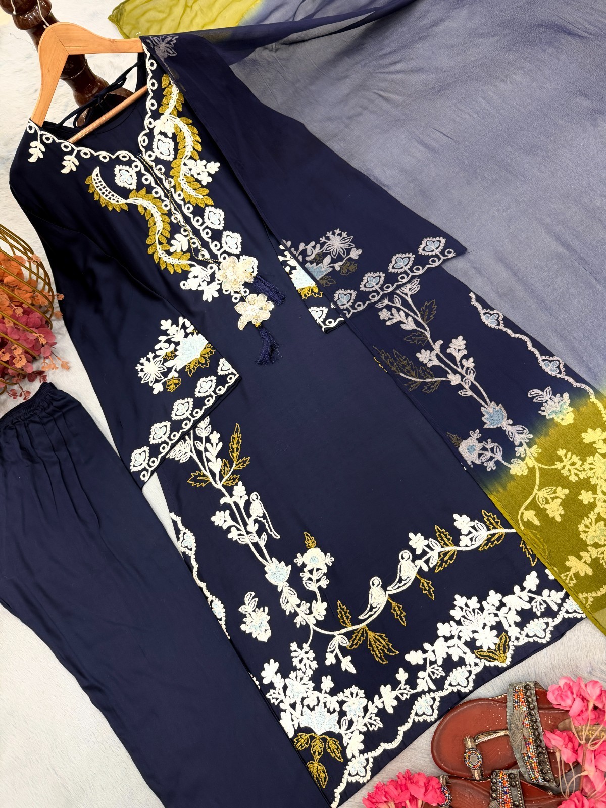 Designer Pure Satin Rayon Long Kaftan with Bottom and Shaded Chiffon Georgette