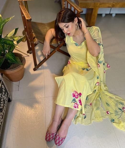 Women Yellow Plus Size Indian Hand Painted Cotton Kurta Top & Trousers Dupatta