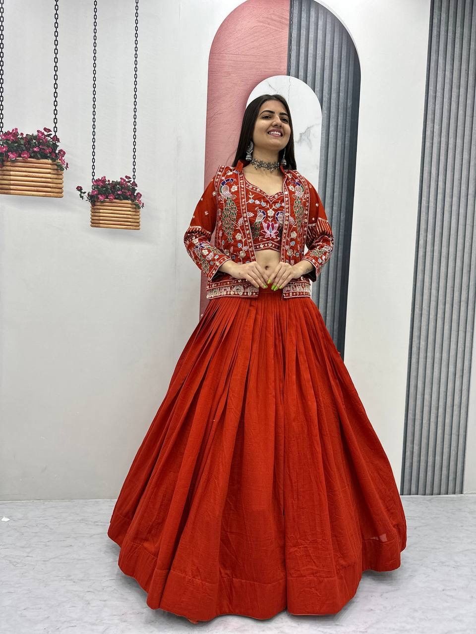 Designer Vichitra Silk Lehenga Choli with Jacket Heavy Thread Sequence Work