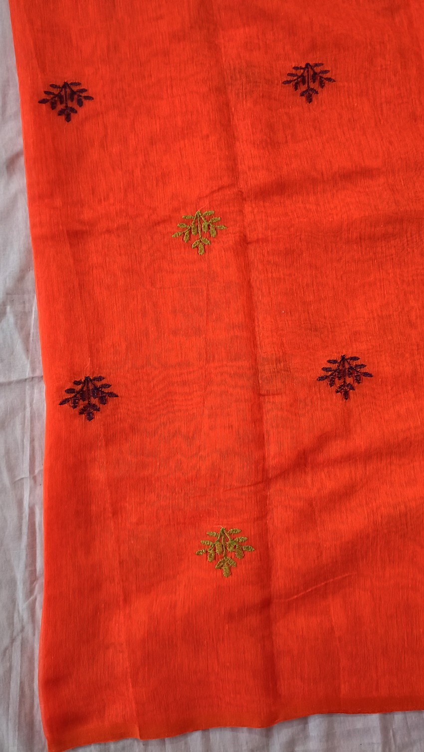Beautiful Cotton Blend Orange Color Yellow & Blue Green Flower Embroidery Saree